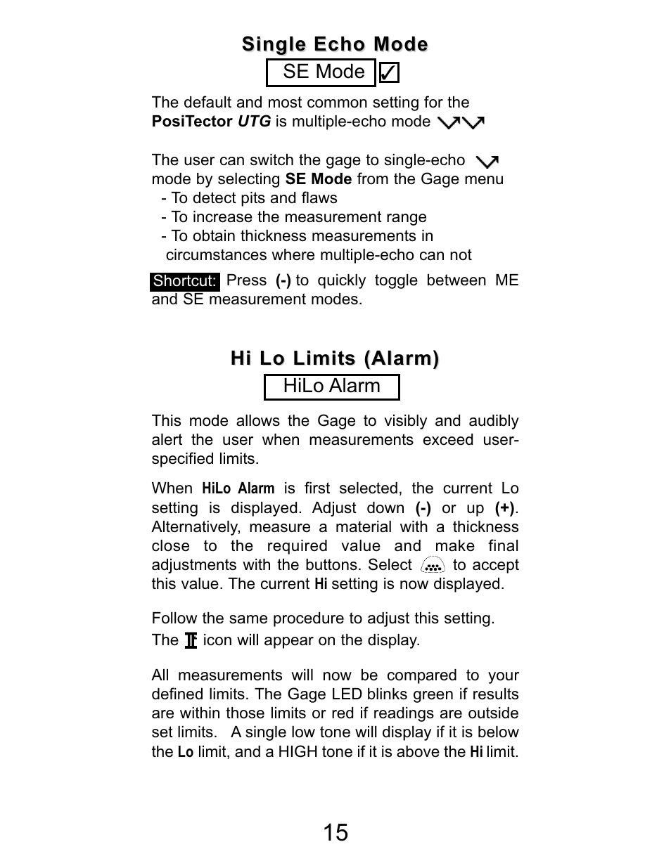 Hi lo limits (alarm), Hi lo limits (alarm) hilo alarm, Single echo mode | Single echo mode se mode | DeFelsko PosiTector UTG v.2.2 User Manual | Page 15 / 20