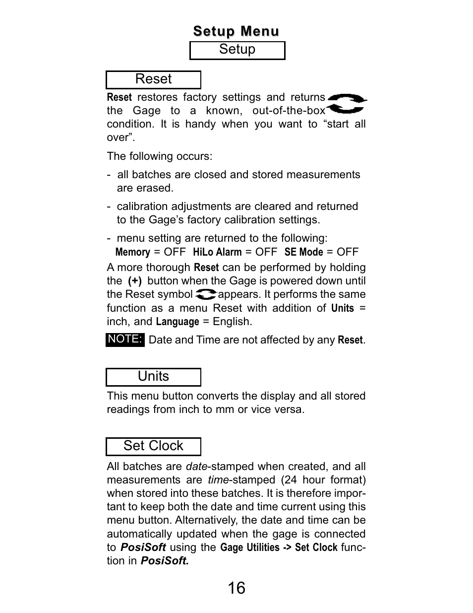 Set clock, Units, Reset setup menu setup menu setup | DeFelsko PosiTector UTG v.2.2 User Manual | Page 16 / 20