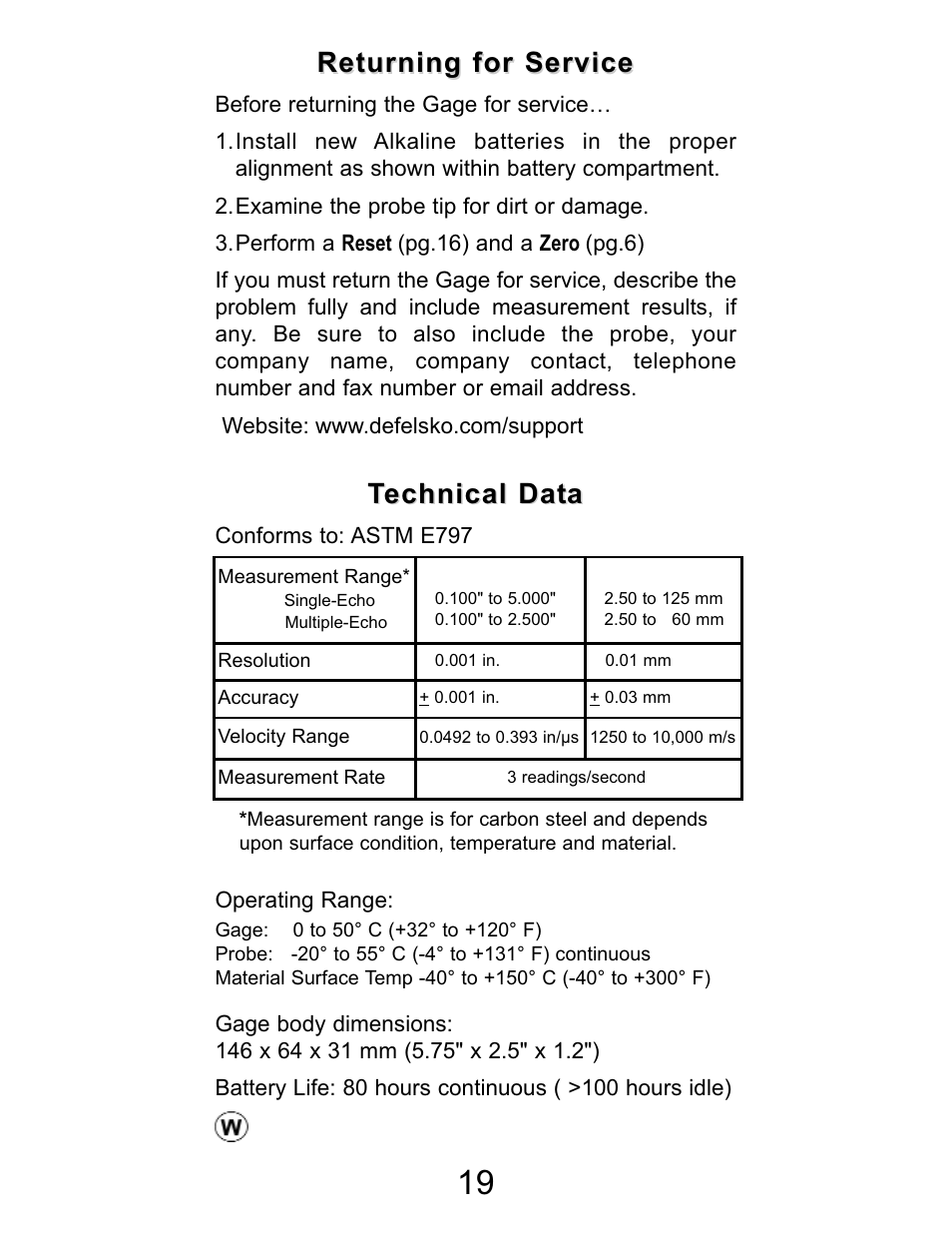 Technical data, Returning for service | DeFelsko PosiTector UTG v.2.2 User Manual | Page 19 / 20
