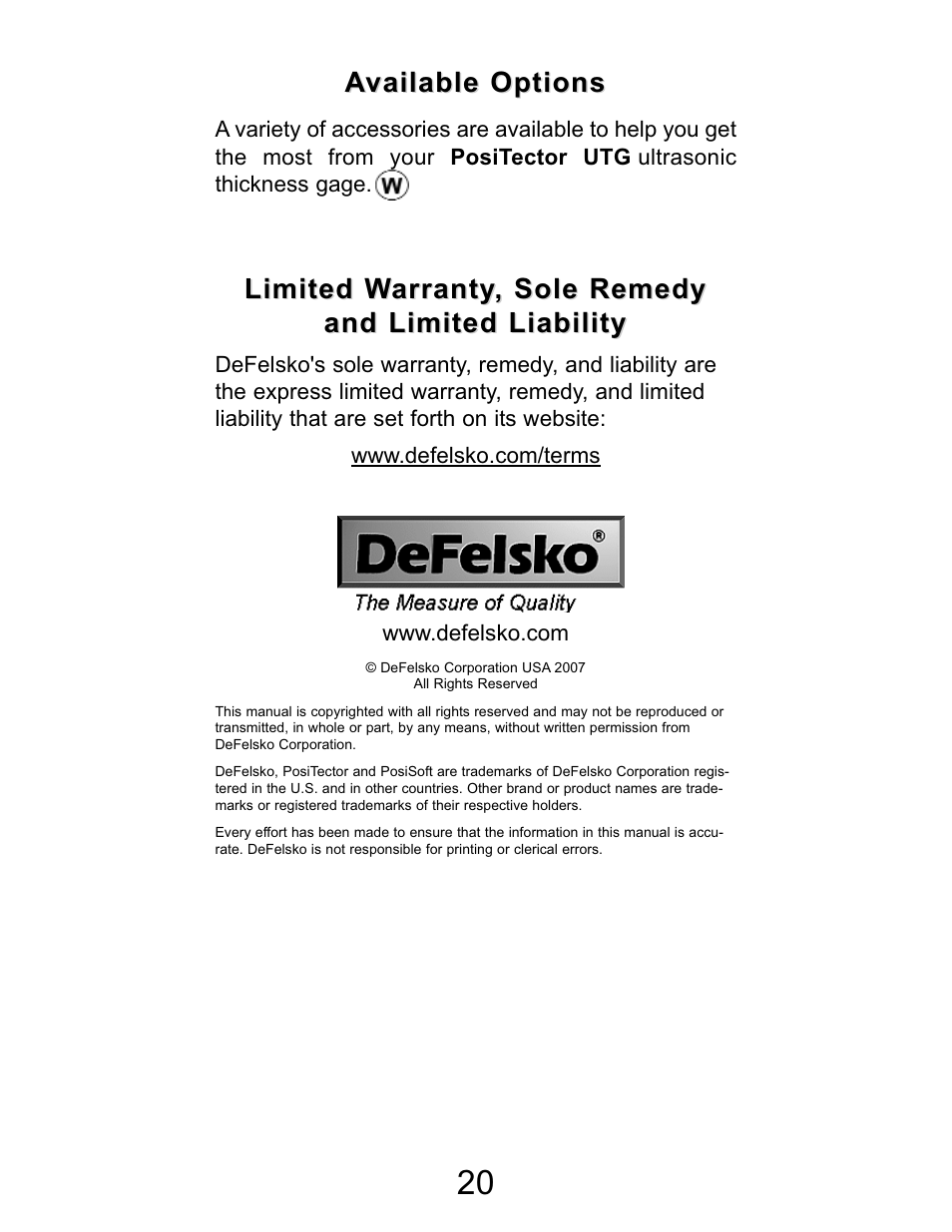 Limited warranty, sole remedy, Available options | DeFelsko PosiTector UTG v.2.2 User Manual | Page 20 / 20