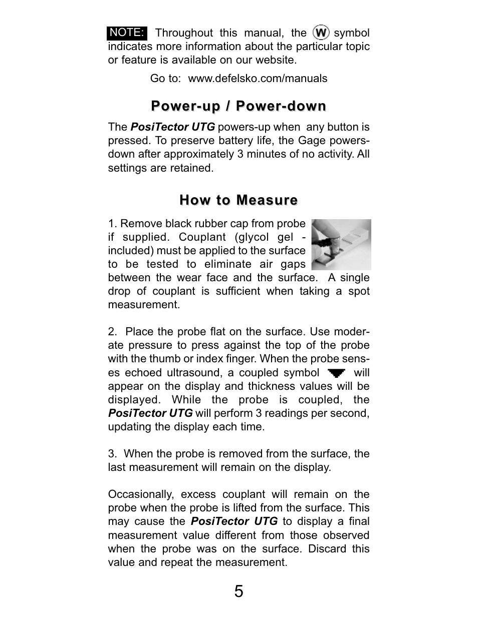 How to measure, Power-up / power-down | DeFelsko PosiTector UTG v.2.2 User Manual | Page 5 / 20