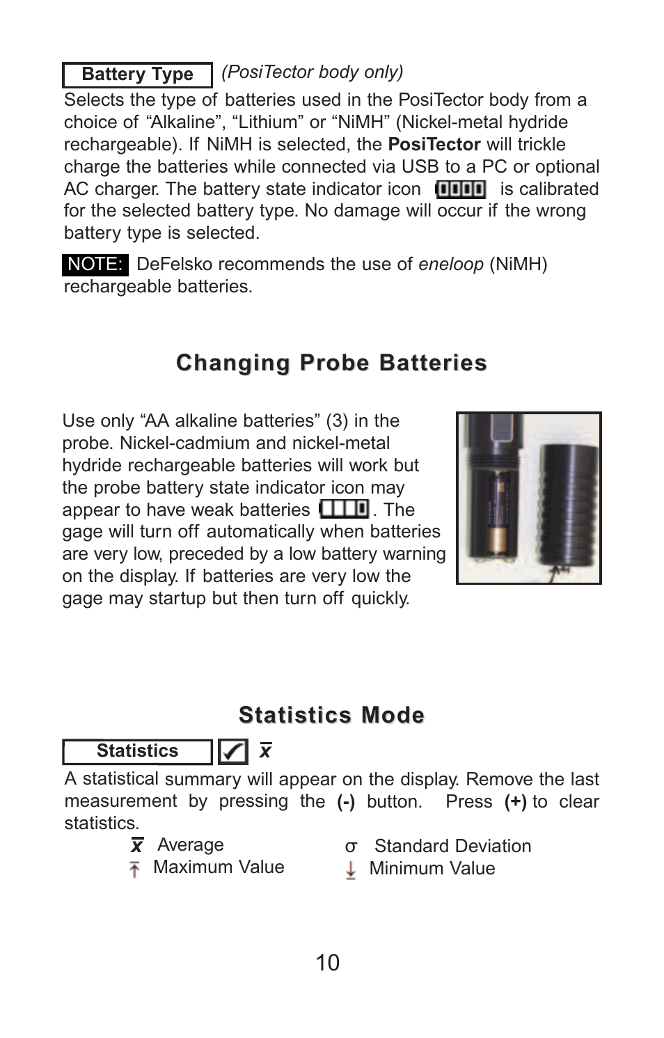 Statistics mode, Changing probe batteries | DeFelsko PosiTector PC v.2.0 User Manual | Page 11 / 66