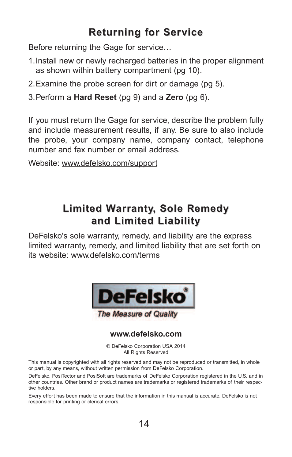 Returning for service, Limited warranty, sole remedy | DeFelsko PosiTector PC v.2.0 User Manual | Page 15 / 66