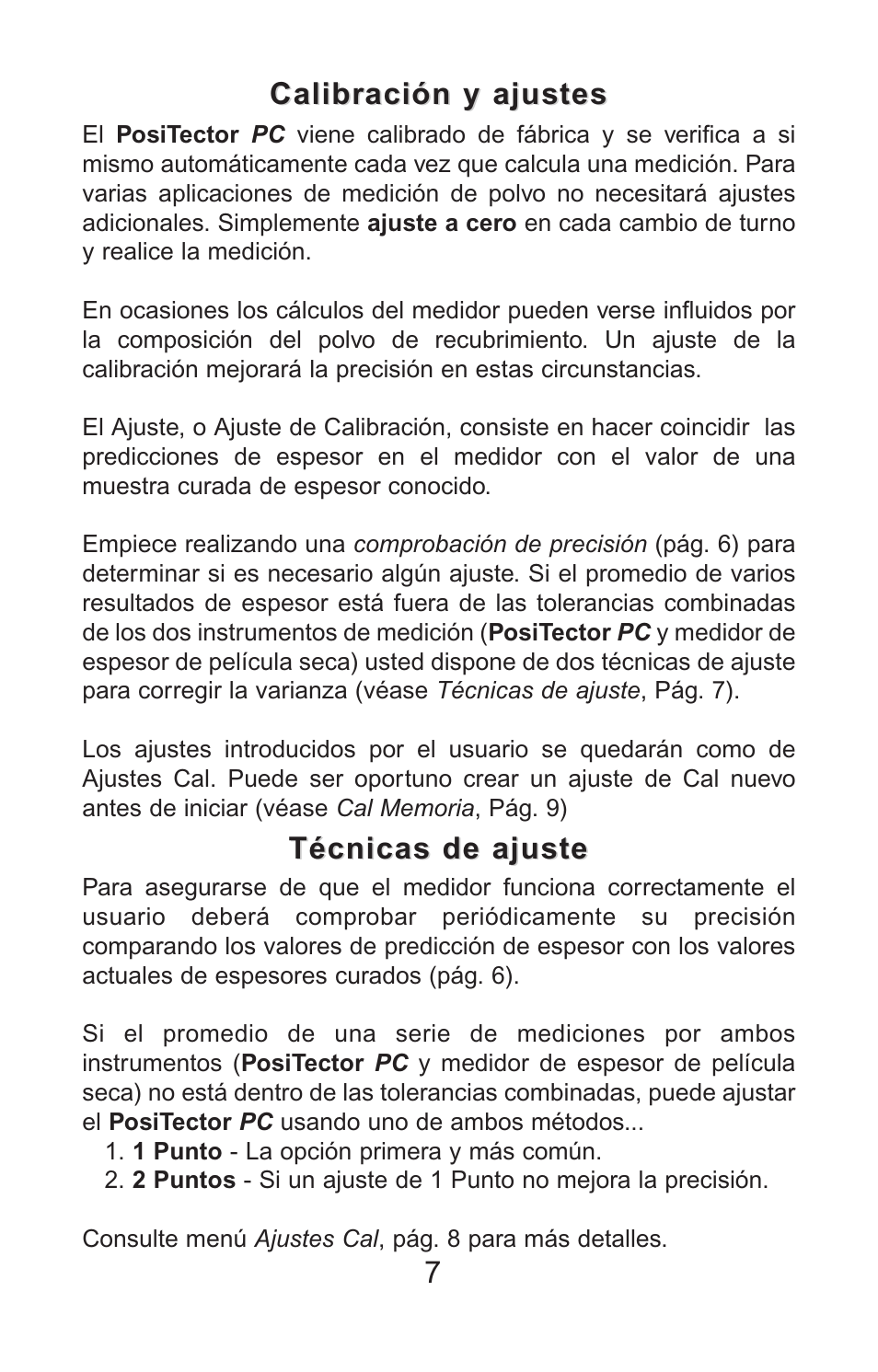 7calibración y ajustes calibración y ajustes, Técnicas de ajuste | DeFelsko PosiTector PC v.2.0 User Manual | Page 25 / 66