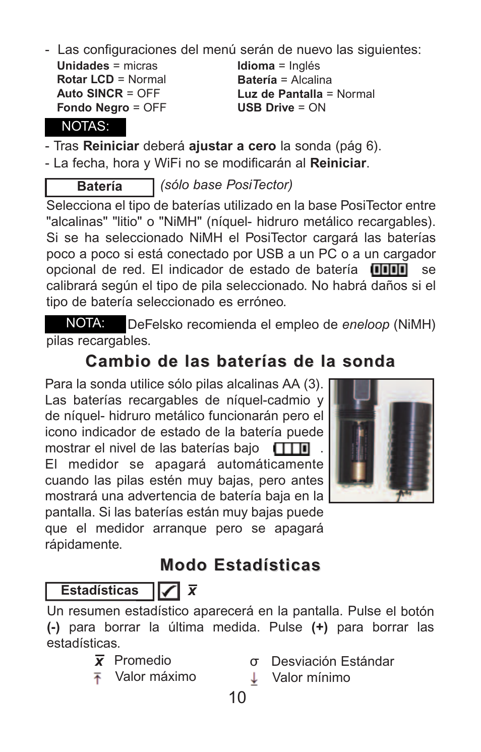 Modo estadísticas, Cambio de las baterías de la sonda, Cambio de las baterías de la sonda 10 | DeFelsko PosiTector PC v.2.0 User Manual | Page 28 / 66