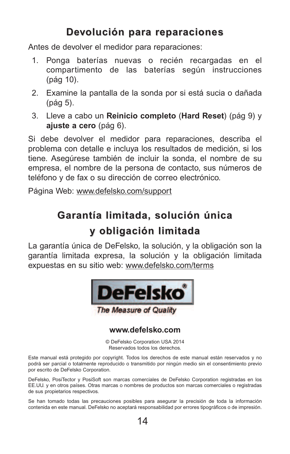Devolución para reparaciones, Garantía limitada, solución única | DeFelsko PosiTector PC v.2.0 User Manual | Page 32 / 66
