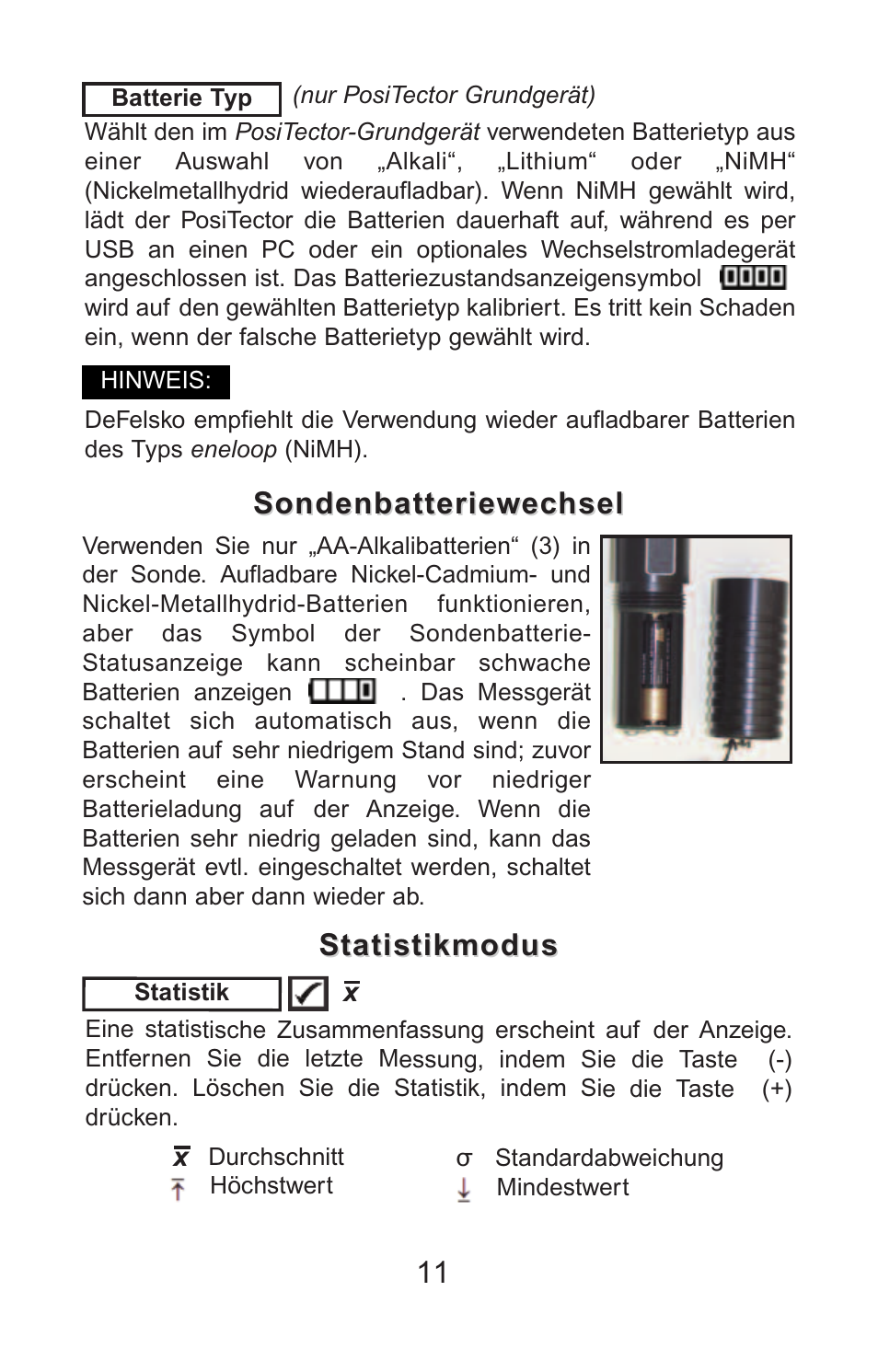 Statistikmodus, Sondenbatteriewechsel | DeFelsko PosiTector PC v.2.0 User Manual | Page 45 / 66