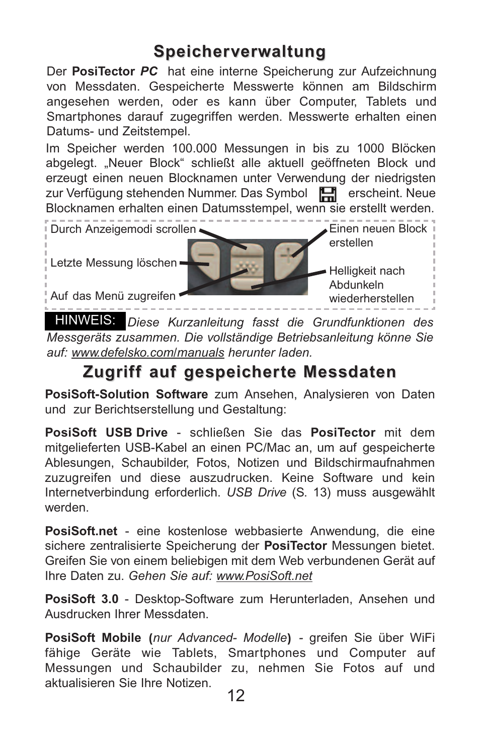 Zugriff auf gespeicherte messdaten, Speicherverwaltung | DeFelsko PosiTector PC v.2.0 User Manual | Page 46 / 66
