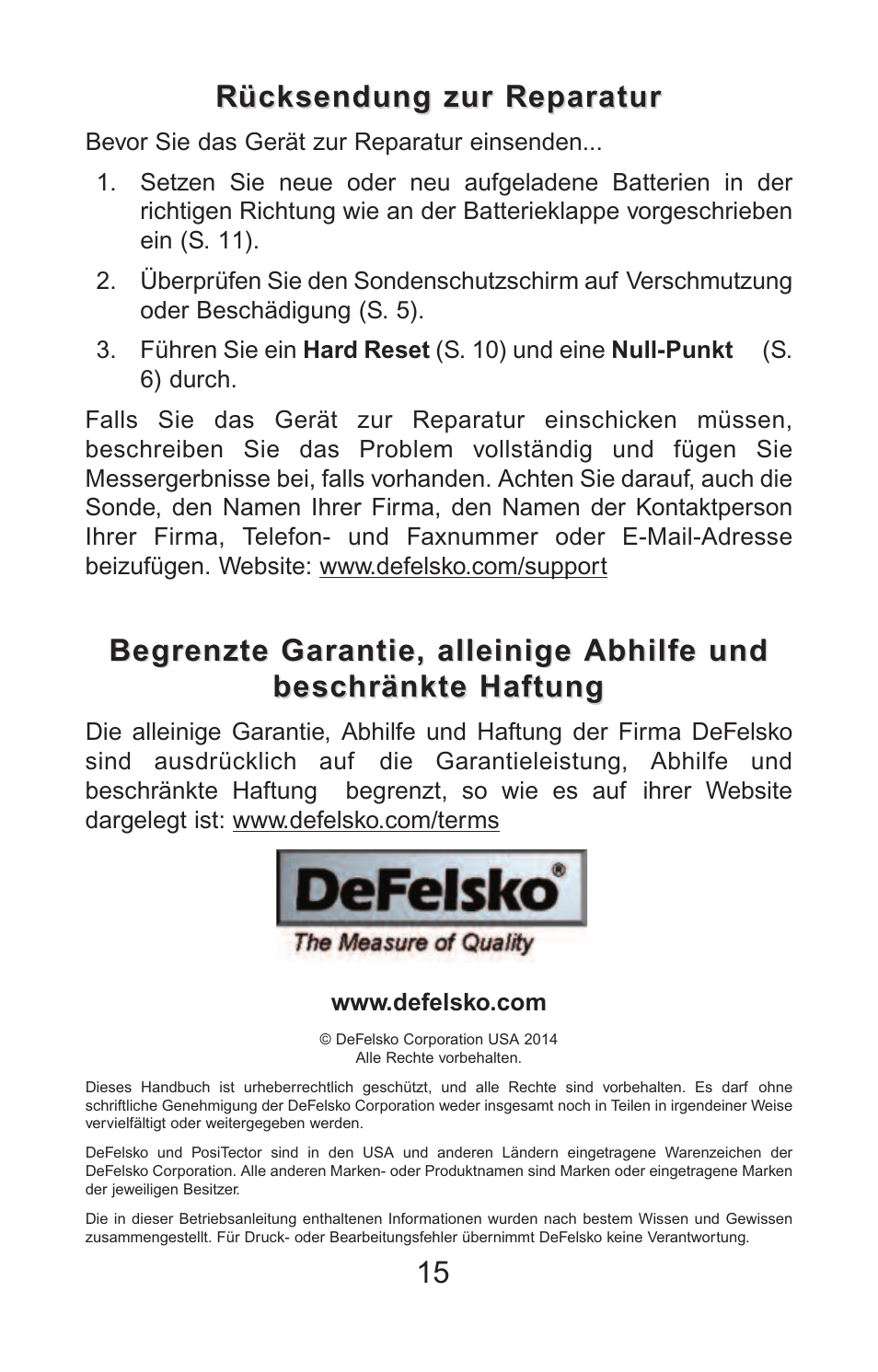 Rücksendung zur reparatur, Begrenzte garantie, alleinige abhilfe und | DeFelsko PosiTector PC v.2.0 User Manual | Page 49 / 66