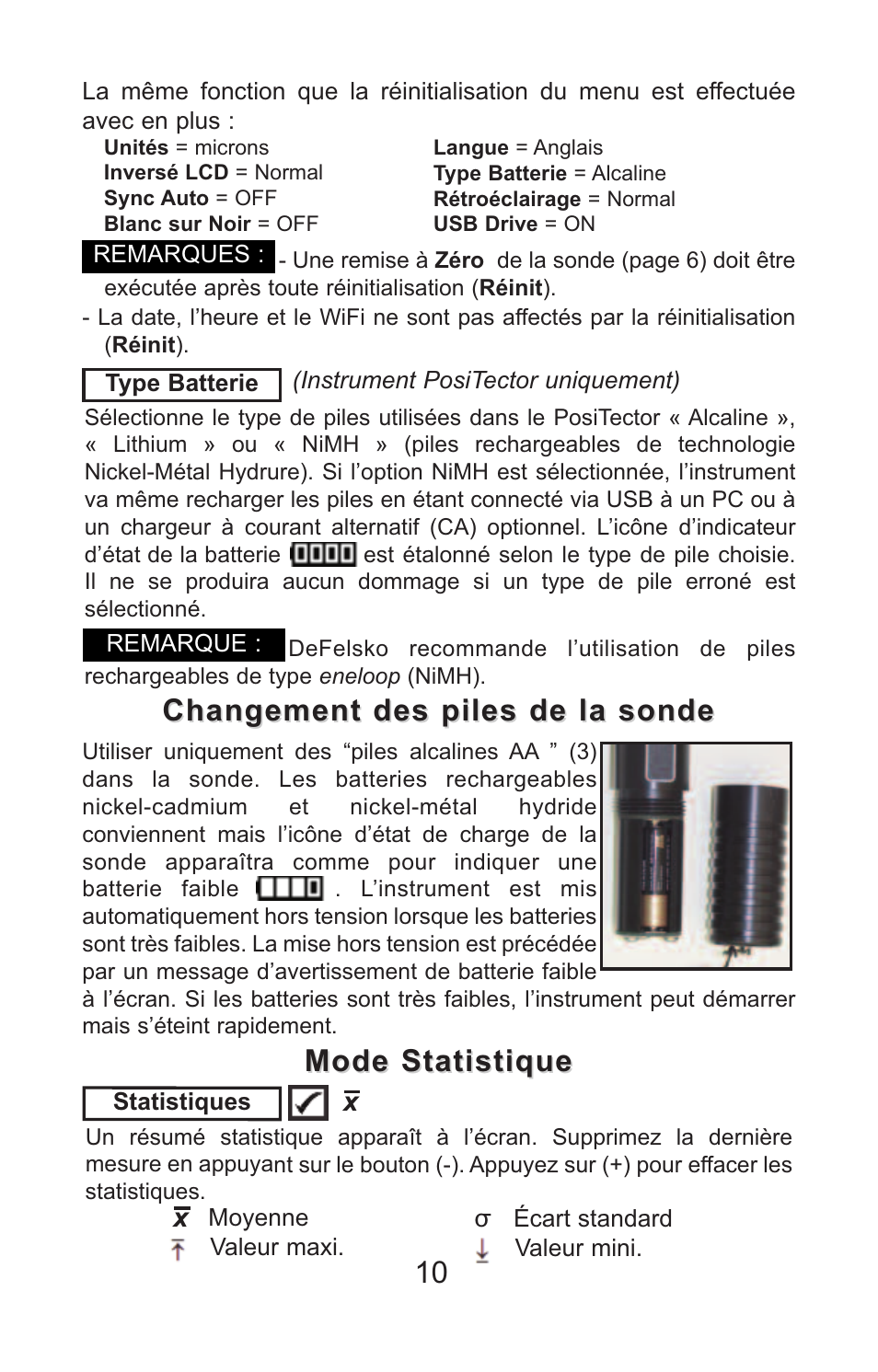 Mode statistique, Changement des piles de la sonde | DeFelsko PosiTector PC v.2.0 User Manual | Page 60 / 66
