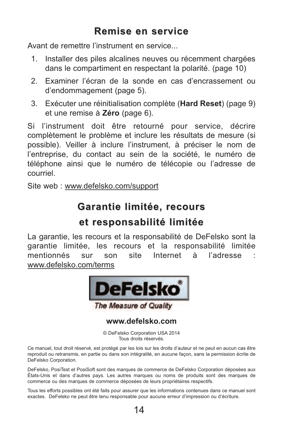 Remise en service, Garantie limitée, recours | DeFelsko PosiTector PC v.2.0 User Manual | Page 64 / 66
