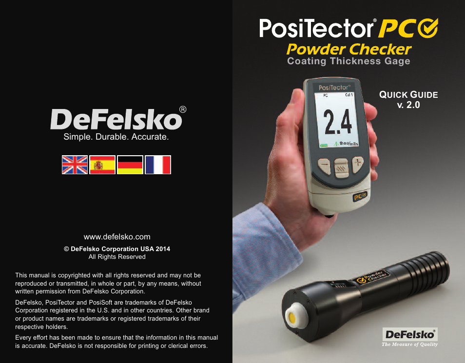 V. 2.0, Coating thickness gage, Simple. durable. accurate | Uick, Uide | DeFelsko PosiTector PC v.2.0 User Manual | Page 66 / 66