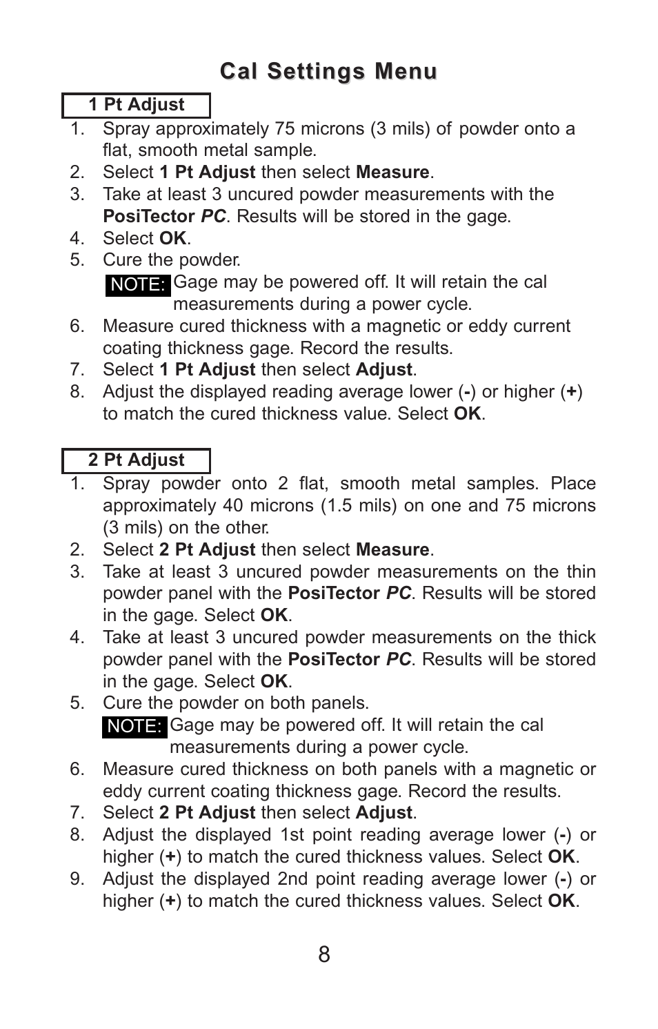 Cal settings menu | DeFelsko PosiTector PC v.2.0 User Manual | Page 9 / 66