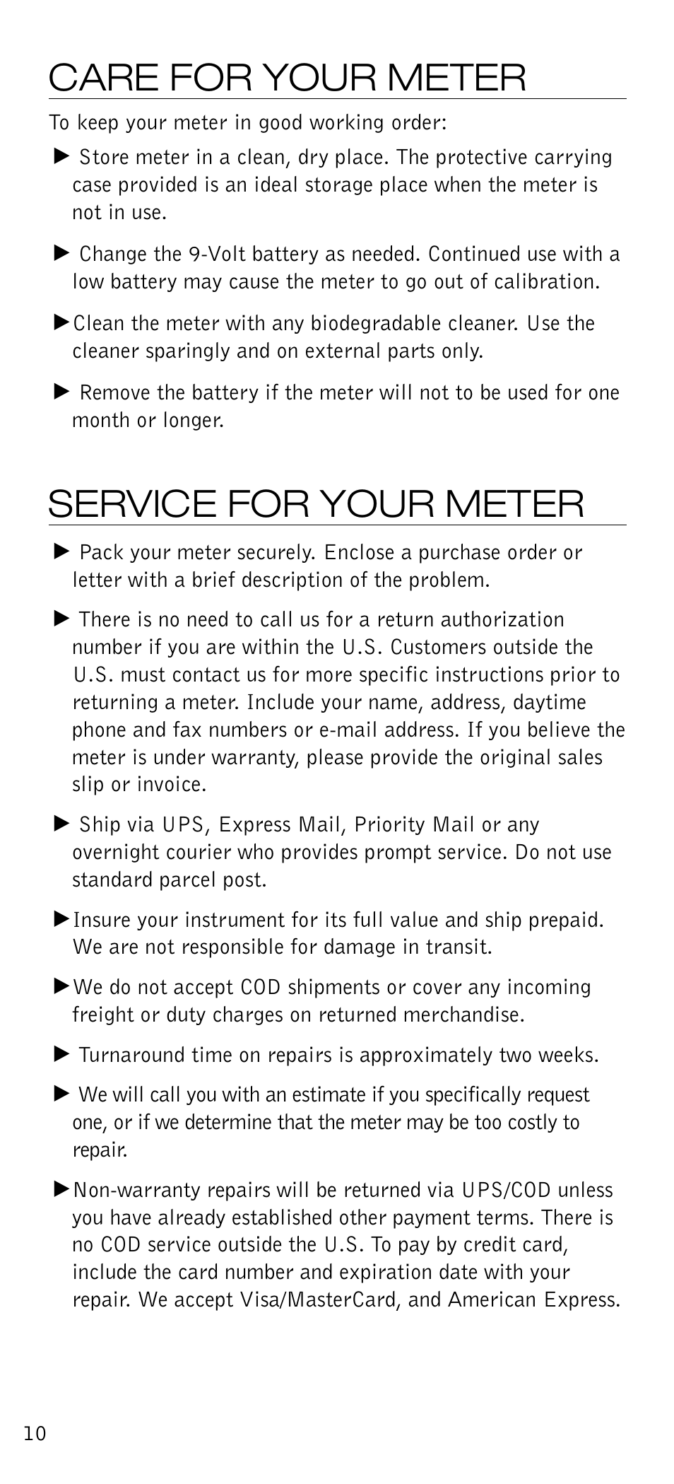 Care for your meter, Service for your meter | Delmhorst Instrument Accuscan User Manual | Page 11 / 14