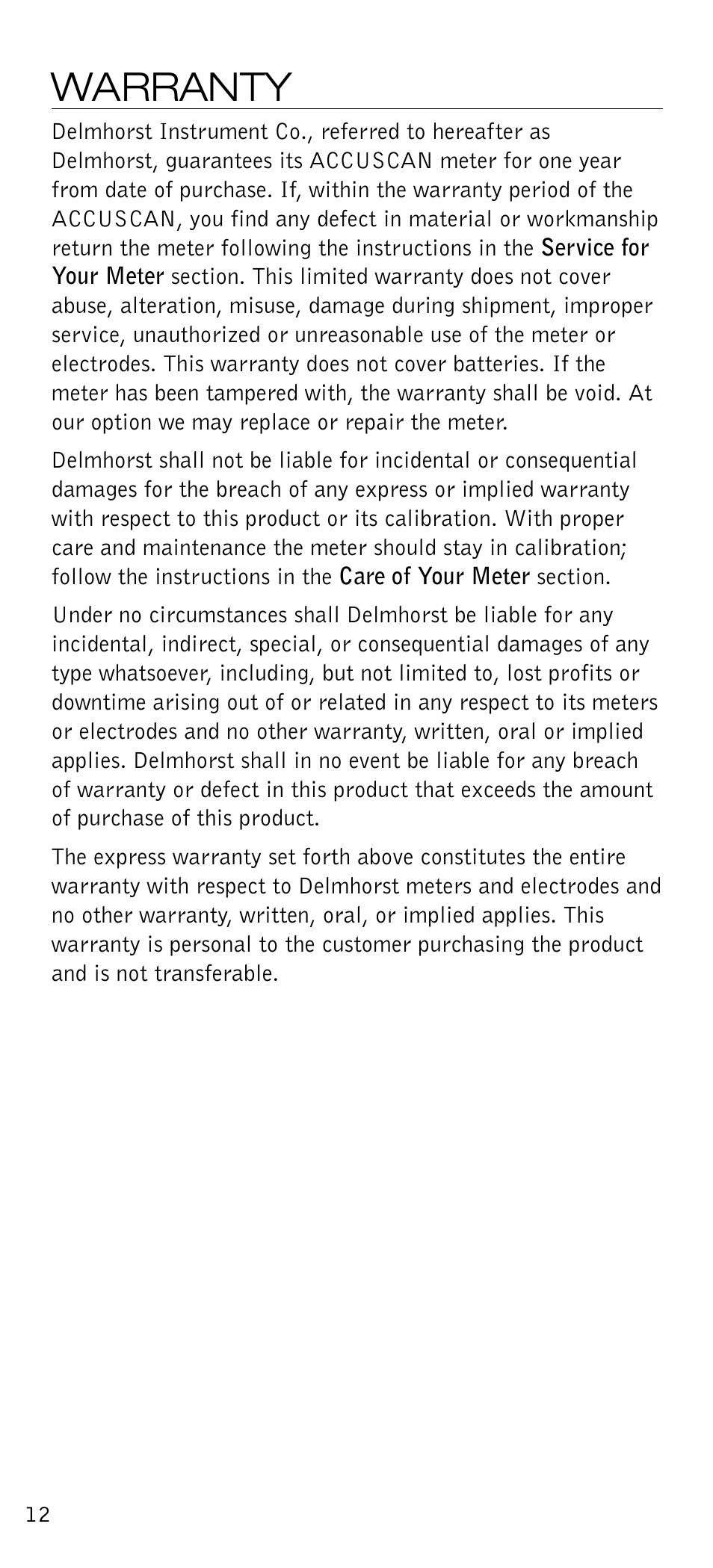 Warranty | Delmhorst Instrument Accuscan User Manual | Page 13 / 14