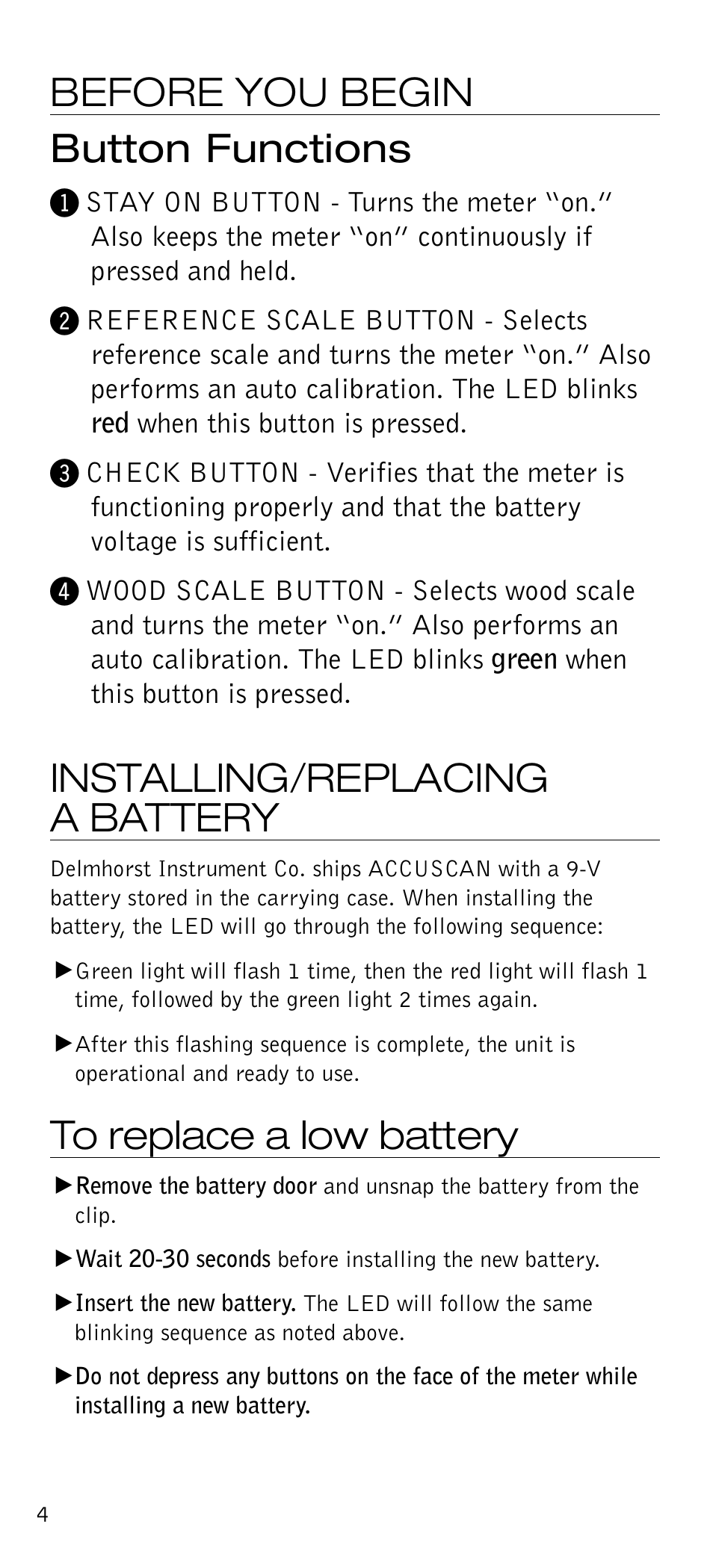 Before you begin button functions, Installing/replacing a battery | Delmhorst Instrument Accuscan User Manual | Page 5 / 14