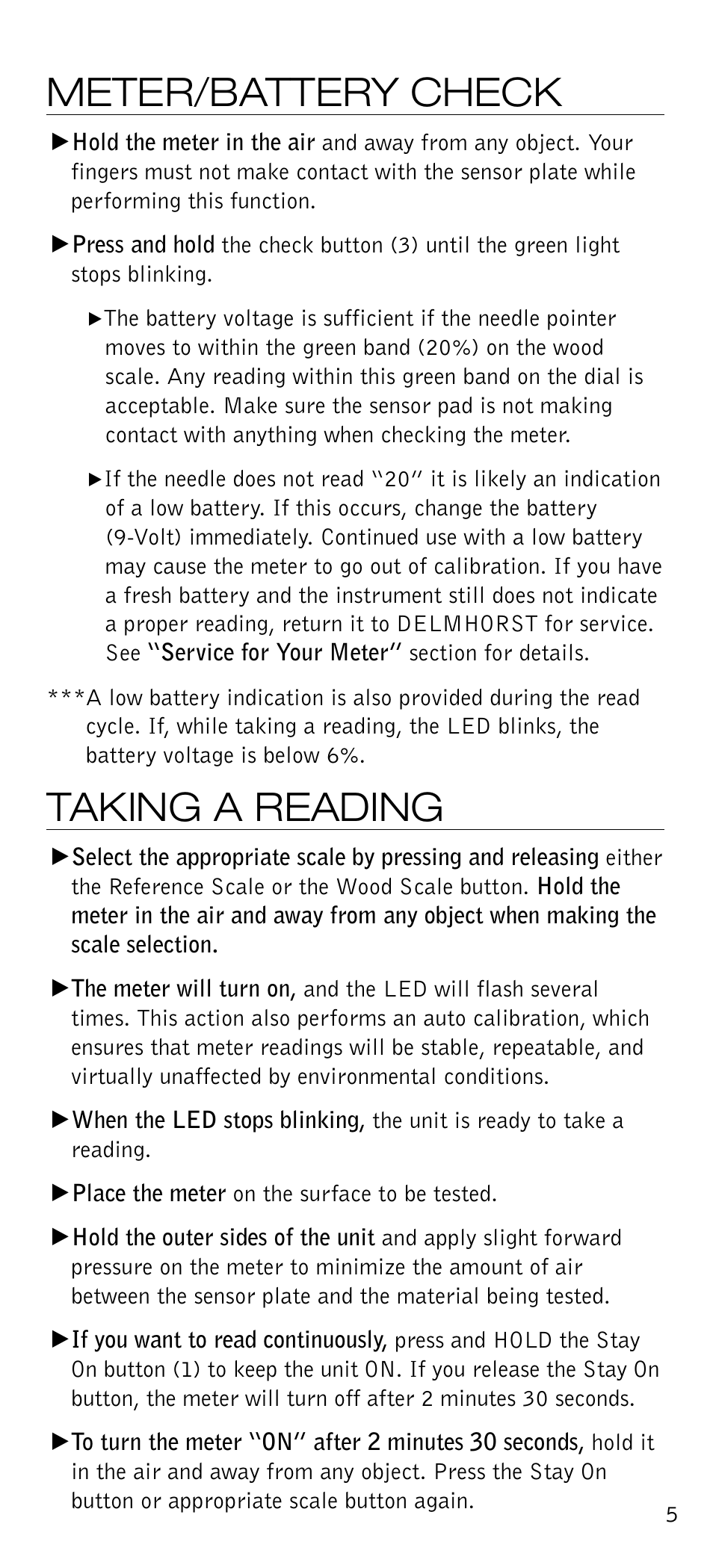 Meter/battery check, Taking a reading | Delmhorst Instrument Accuscan User Manual | Page 6 / 14