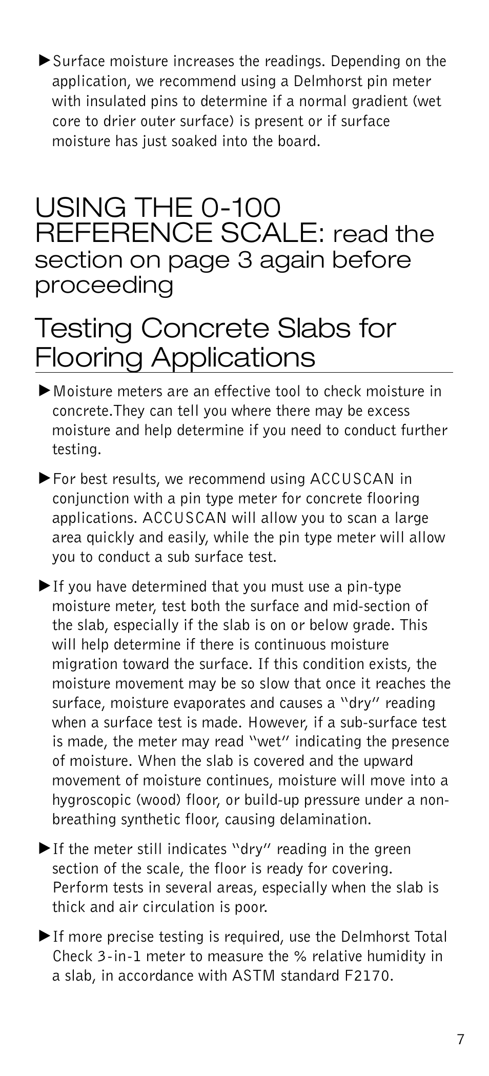 Using the 0-100 reference scale, Testing concrete slabs for flooring applications | Delmhorst Instrument Accuscan User Manual | Page 8 / 14