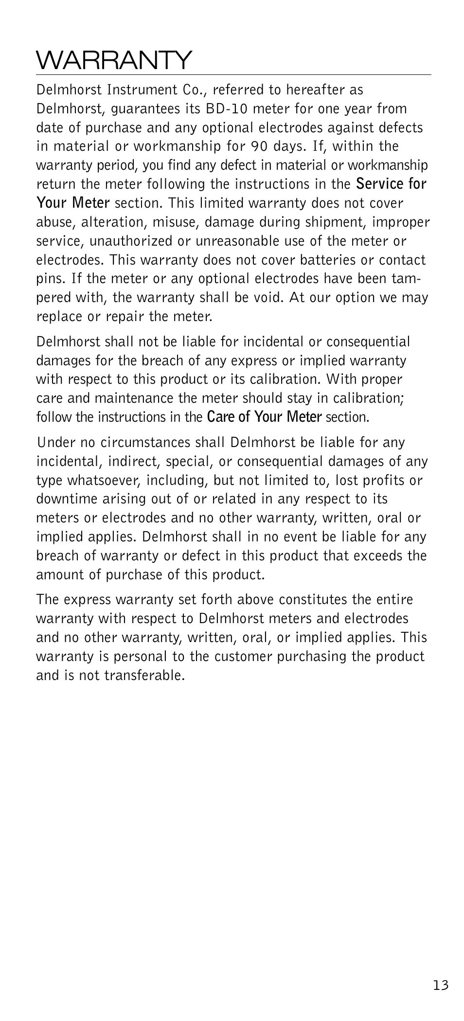Warranty | Delmhorst Instrument BD-10 User Manual | Page 14 / 16