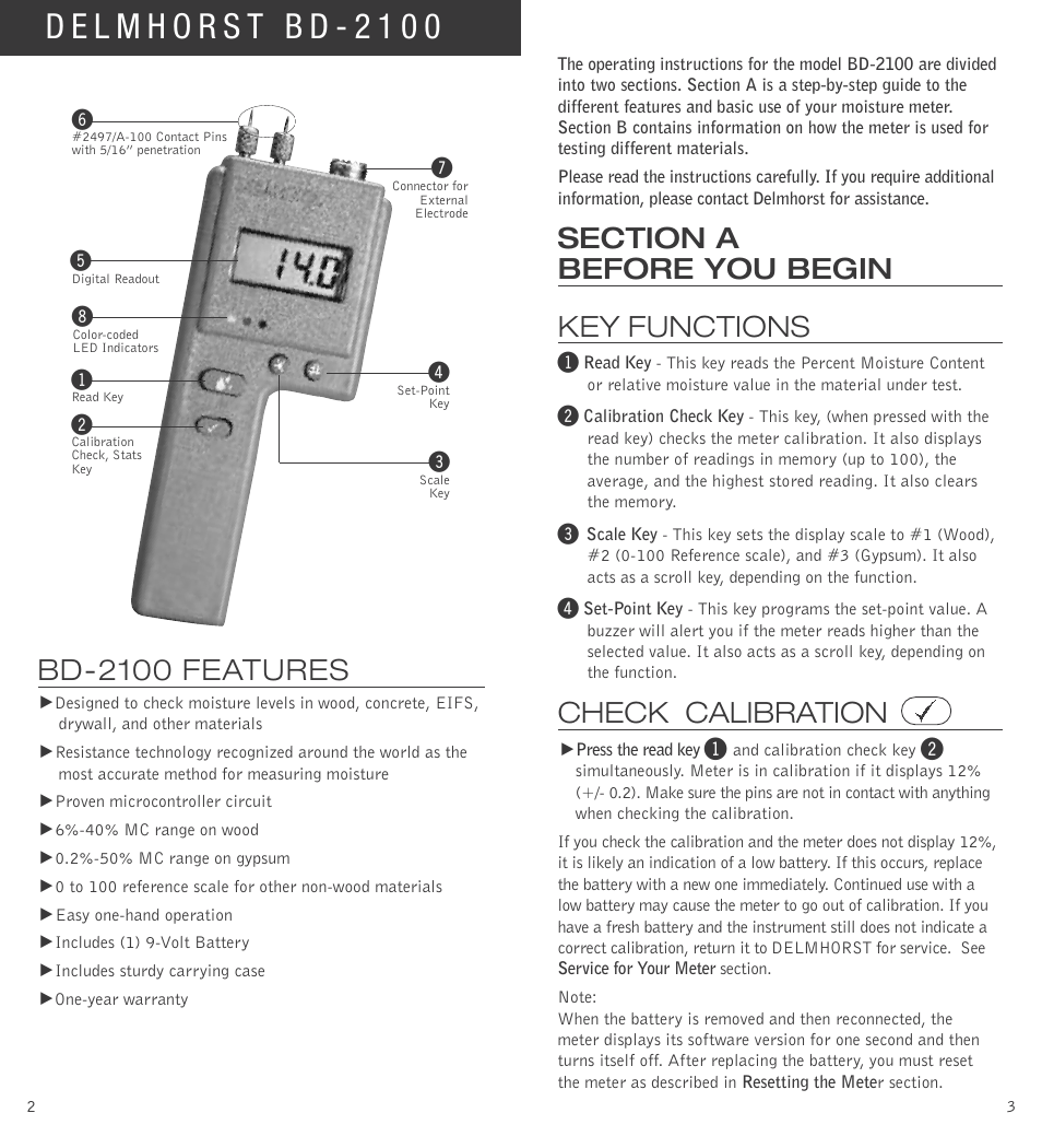 Bd-2100 features, Check calibration | Delmhorst Instrument BD-2100 User Manual | Page 3 / 12