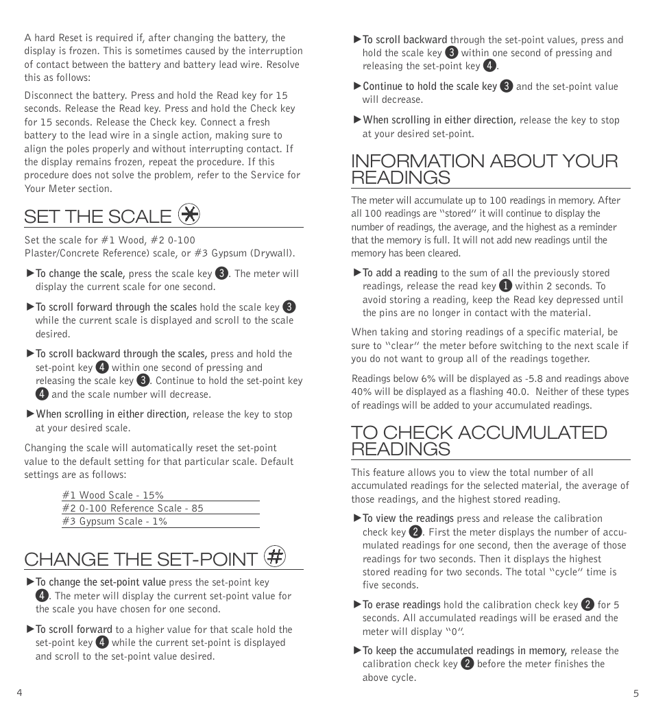 Set the scale, Change the set-point, Information about your readings | Delmhorst Instrument BD-2100 User Manual | Page 4 / 12