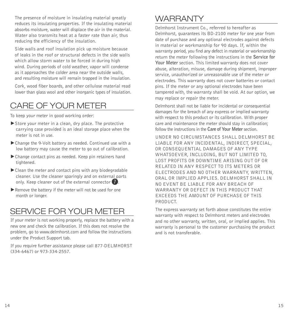 Care of your meter, Service for your meter, Warranty | Delmhorst Instrument BD-2100 User Manual | Page 9 / 12