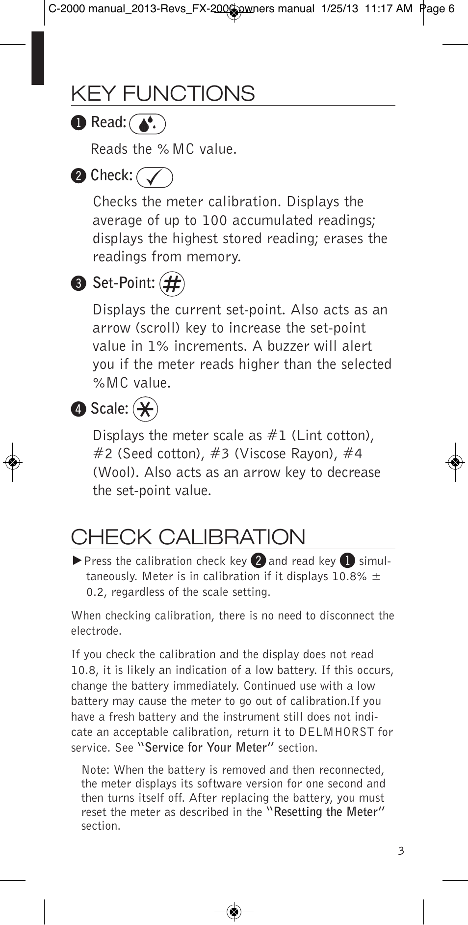 Key functions, Check calibration | Delmhorst Instrument C-2000 User Manual | Page 5 / 16