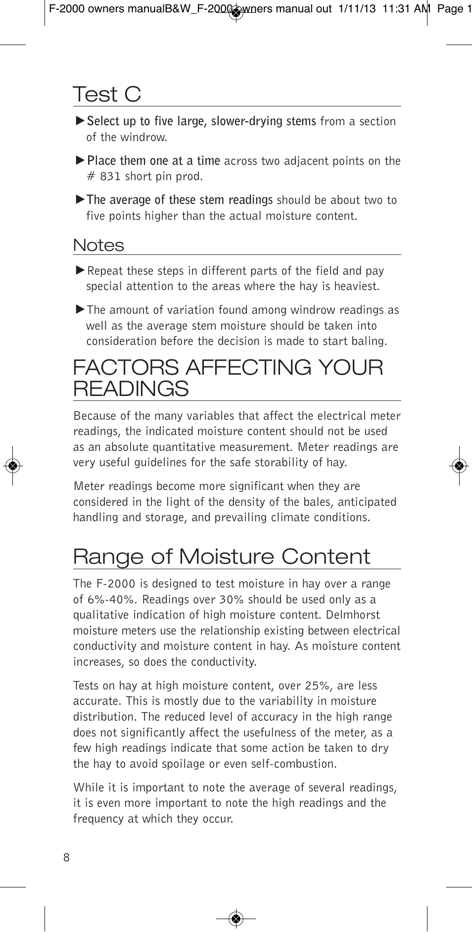 Test c, Factors affecting your readings, Range of moisture content | Delmhorst Instrument F-2000 User Manual | Page 10 / 16