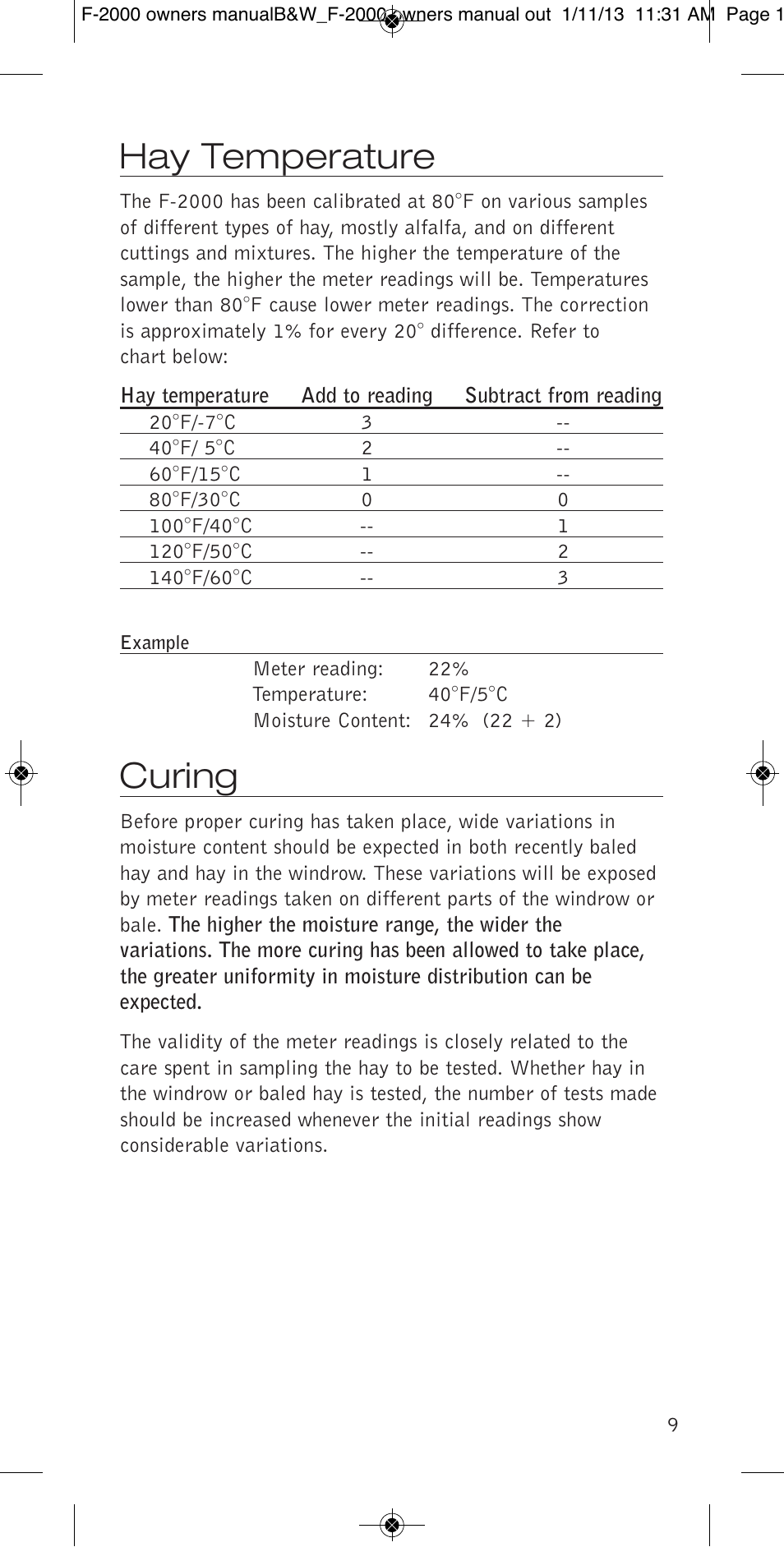 Hay temperature, Curing | Delmhorst Instrument F-2000 User Manual | Page 11 / 16
