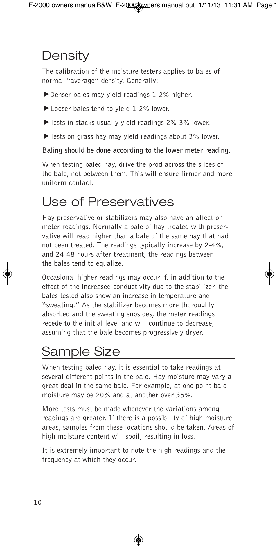 Density, Use of preservatives, Sample size | Delmhorst Instrument F-2000 User Manual | Page 12 / 16