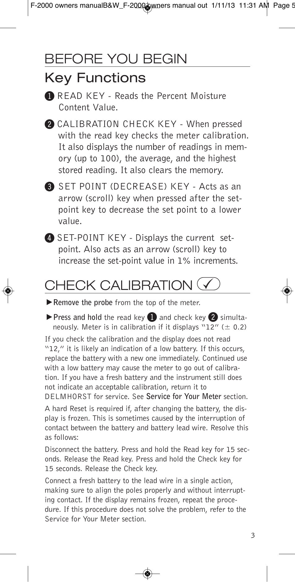 Before you begin key functions, Check calibration | Delmhorst Instrument F-2000 User Manual | Page 5 / 16