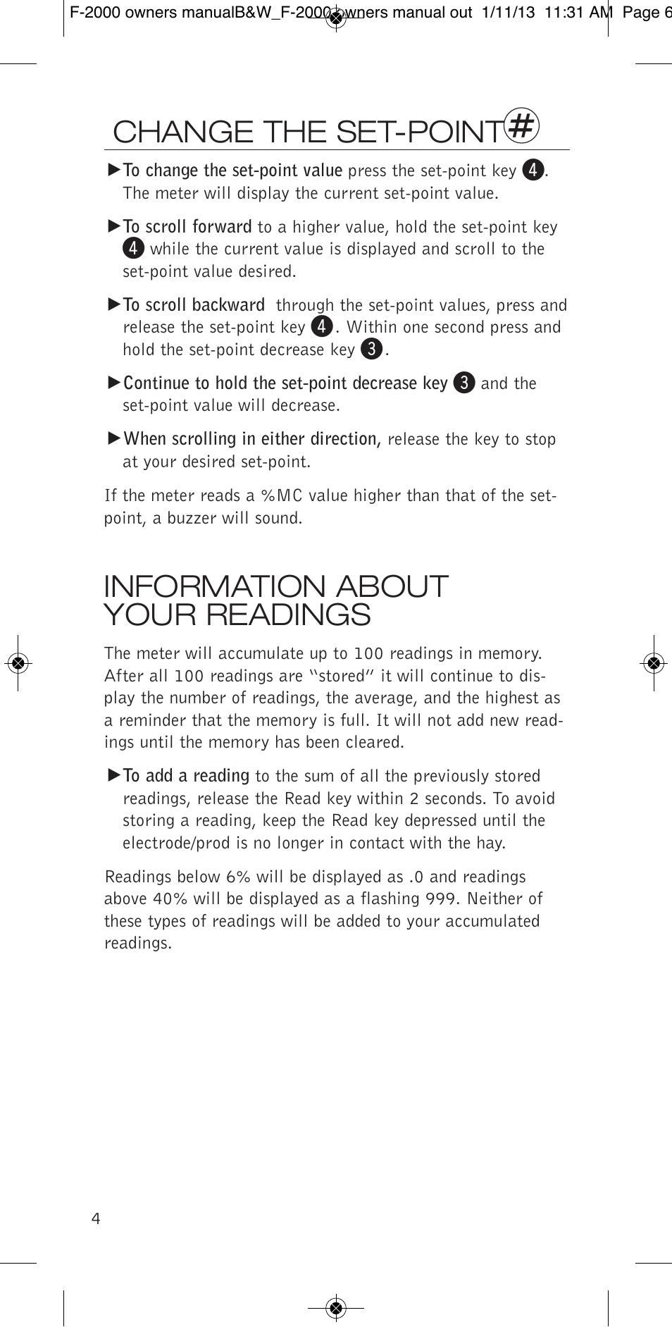 Change the set-point, Information about your readings | Delmhorst Instrument F-2000 User Manual | Page 6 / 16