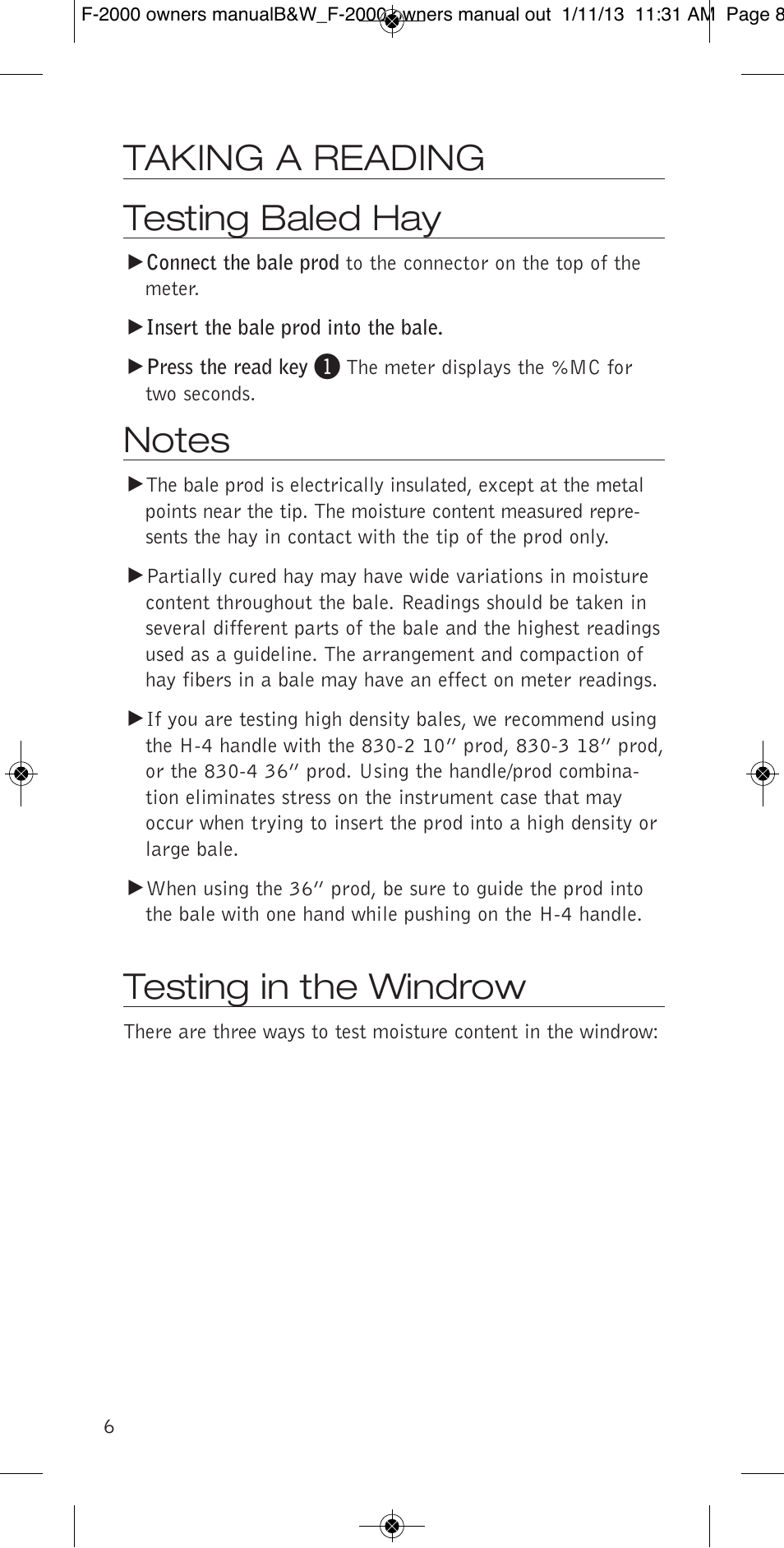 Taking a reading testing baled hay, Testing in the windrow | Delmhorst Instrument F-2000 User Manual | Page 8 / 16