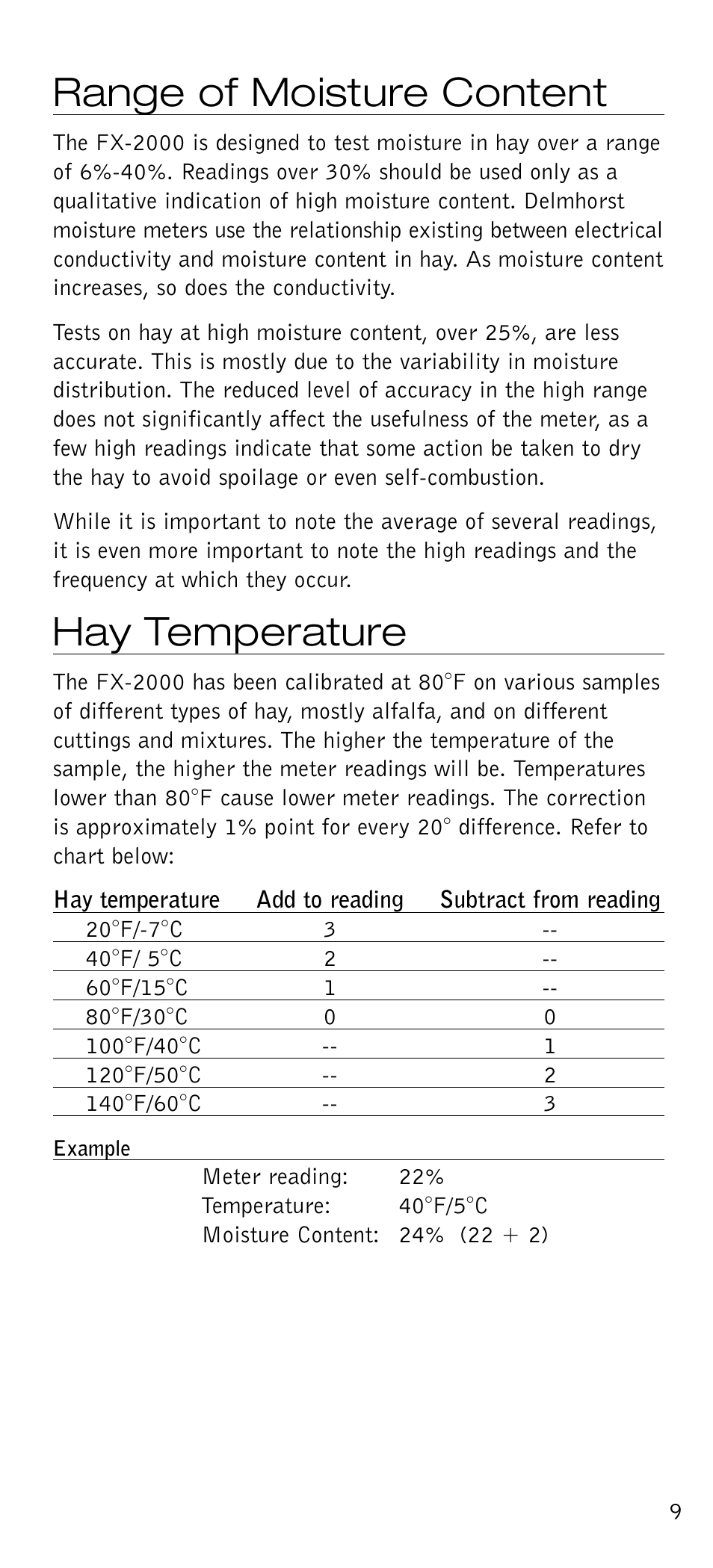 Range of moisture content, Hay temperature | Delmhorst Instrument FX-2000 User Manual | Page 11 / 20