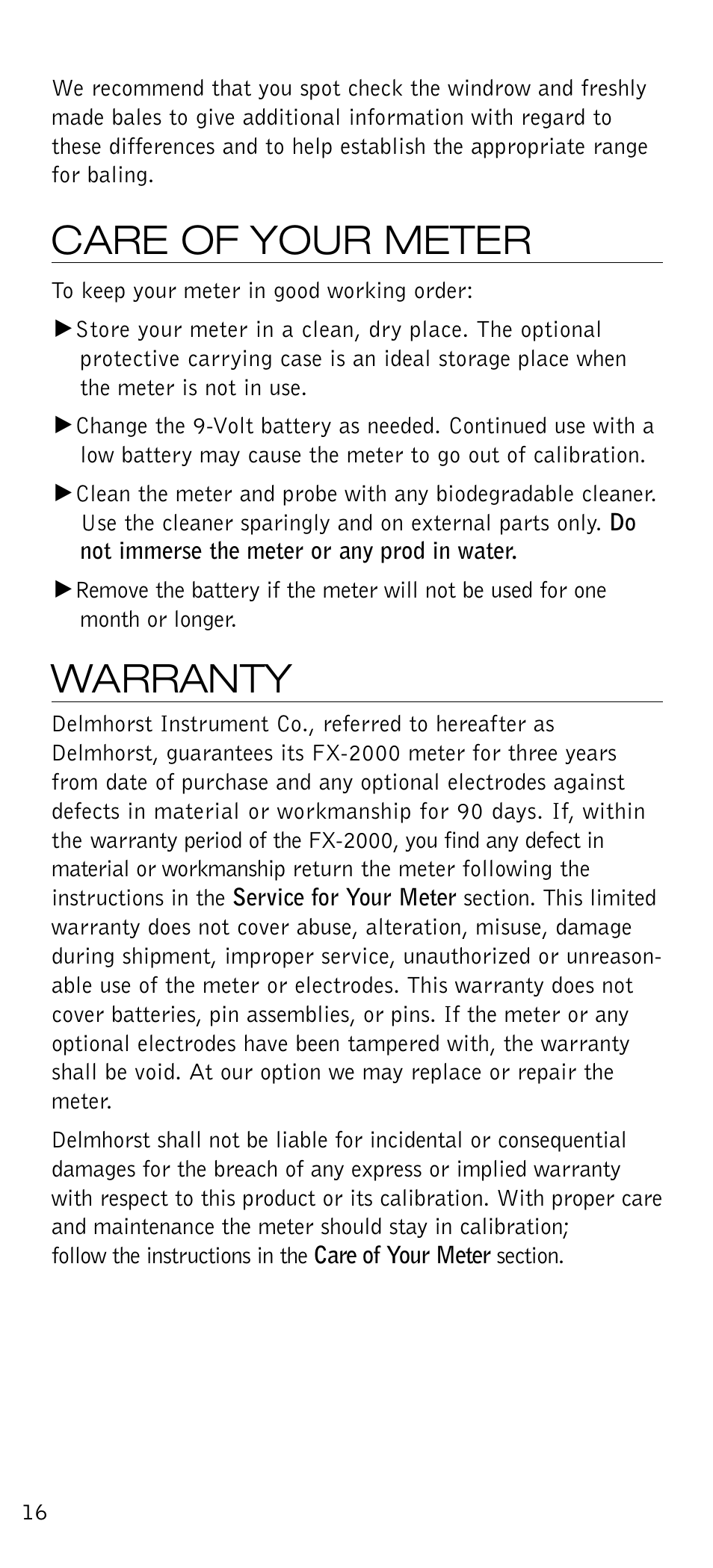Care of your meter, Warranty | Delmhorst Instrument FX-2000 User Manual | Page 18 / 20