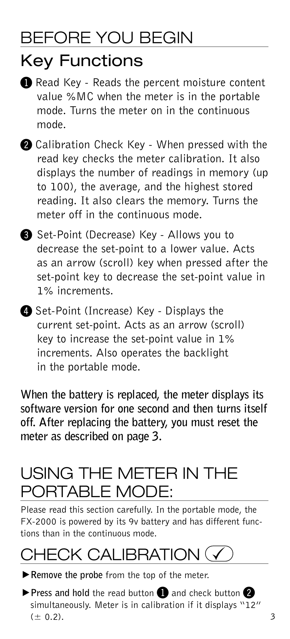 Before you begin key functions, Using the meter in the portable mode, Check calibration | Delmhorst Instrument FX-2000 User Manual | Page 5 / 20