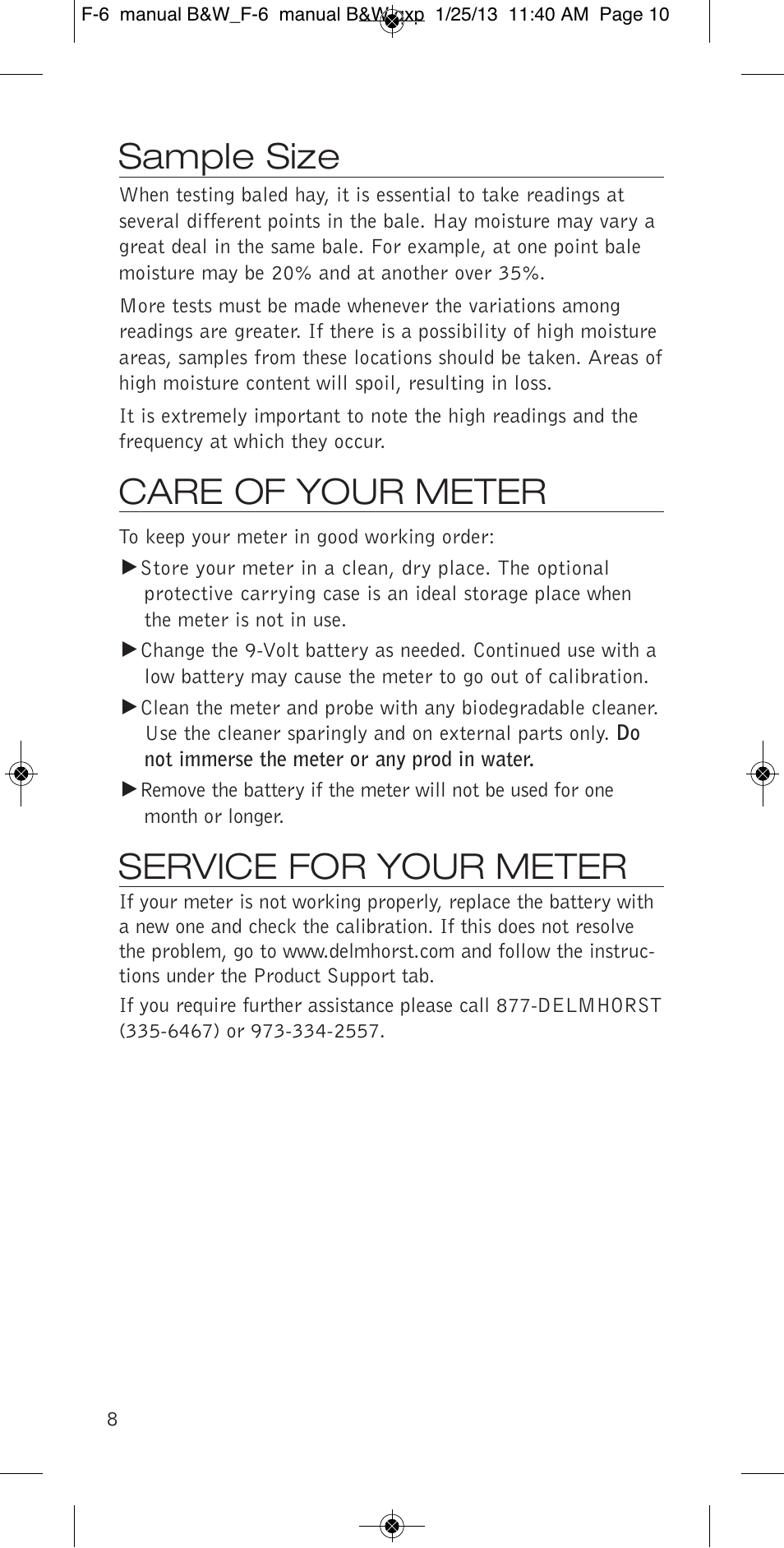 Sample size, Care of your meter, Service for your meter | Delmhorst Instrument F-6 & F-6/6-30 User Manual | Page 10 / 12