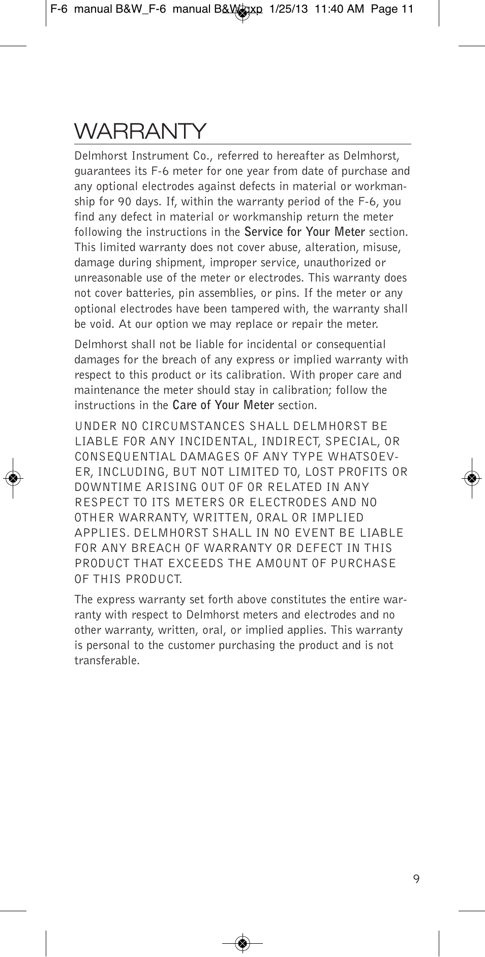 Warranty | Delmhorst Instrument F-6 & F-6/6-30 User Manual | Page 11 / 12