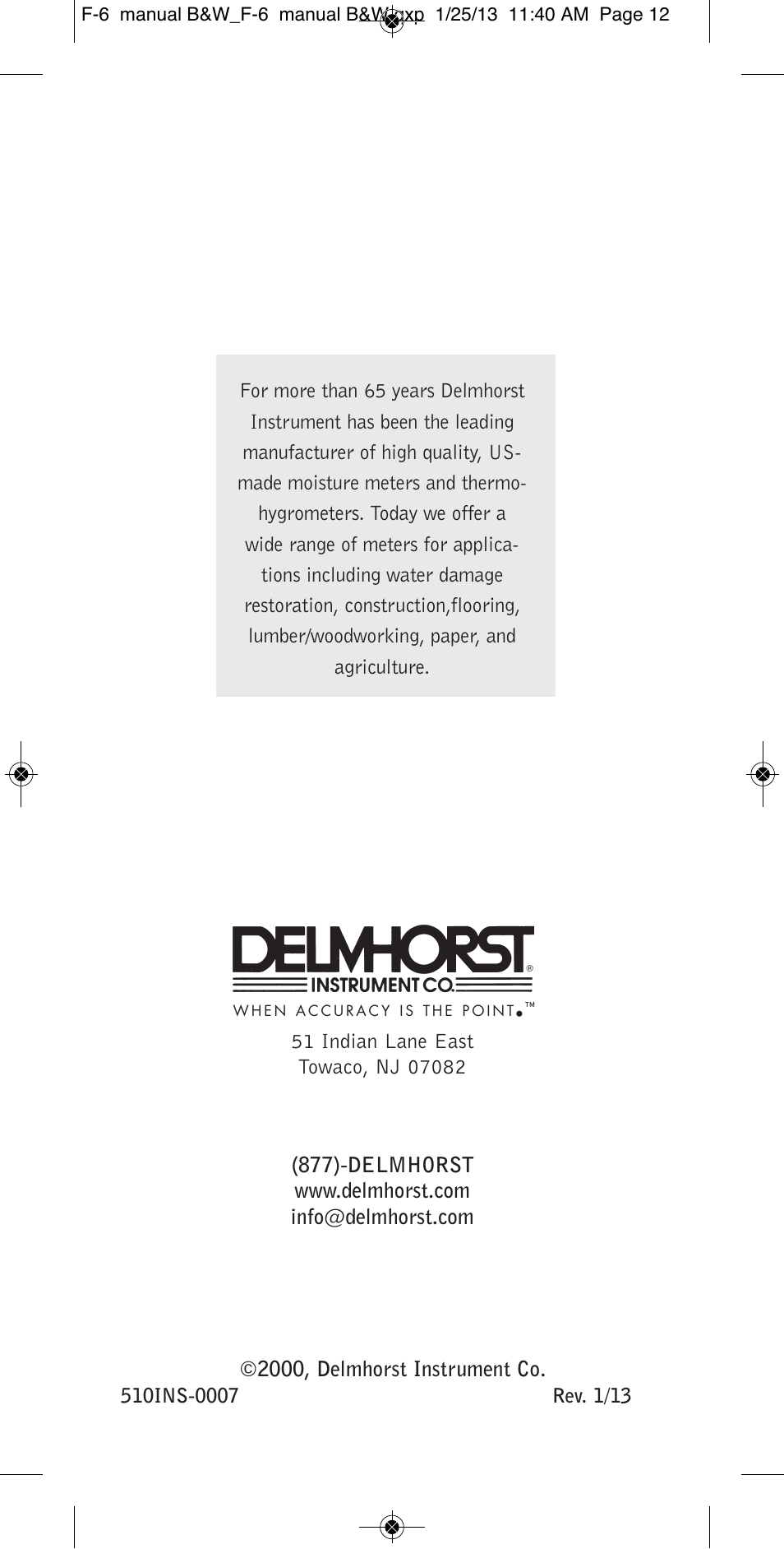 Delmhorst Instrument F-6 & F-6/6-30 User Manual | Page 12 / 12