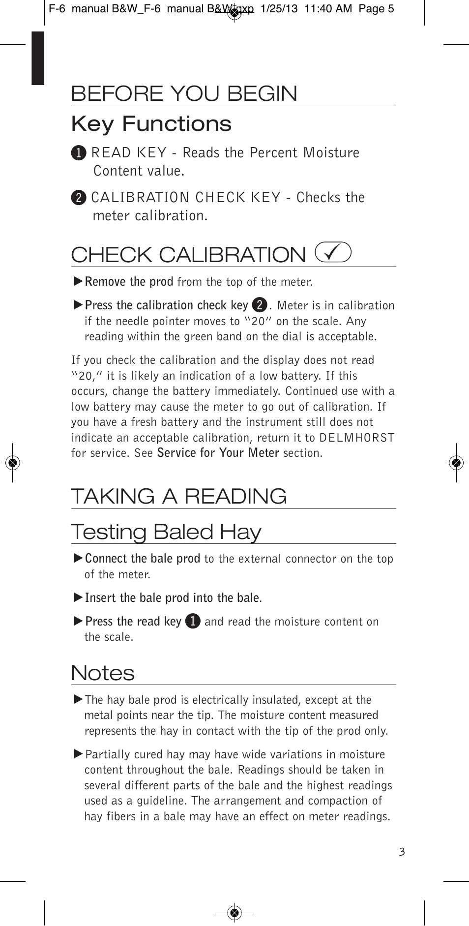 Before you begin key functions, Check calibration, Taking a reading testing baled hay | Delmhorst Instrument F-6 & F-6/6-30 User Manual | Page 5 / 12