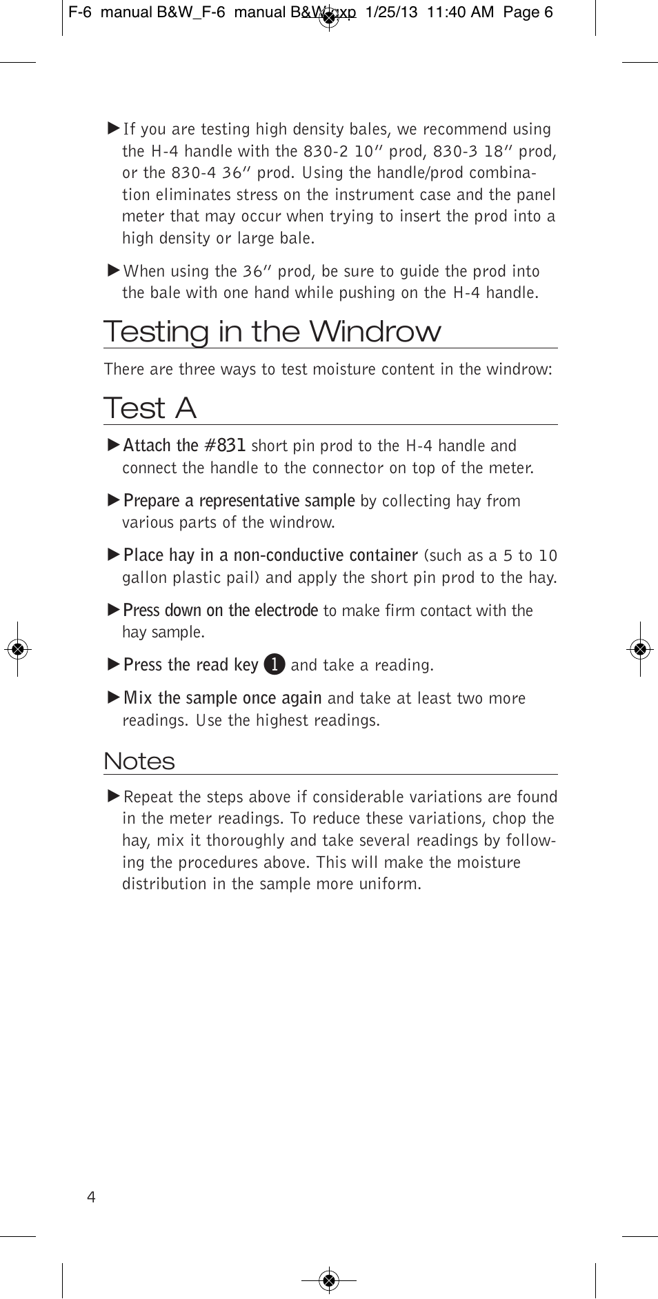 Testing in the windrow, Test a | Delmhorst Instrument F-6 & F-6/6-30 User Manual | Page 6 / 12