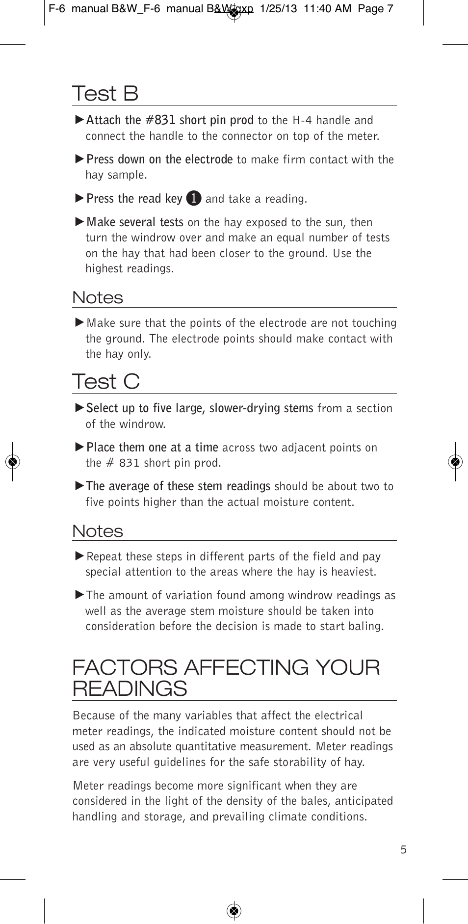 Test b, Test c, Factors affecting your readings | Delmhorst Instrument F-6 & F-6/6-30 User Manual | Page 7 / 12