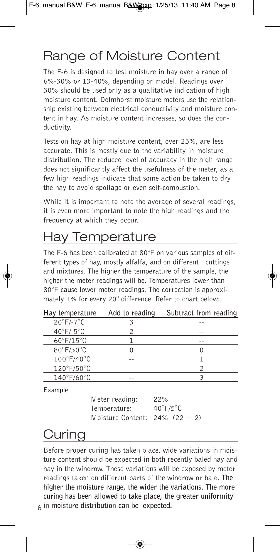 Range of moisture content, Hay temperature, Curing | Delmhorst Instrument F-6 & F-6/6-30 User Manual | Page 8 / 12