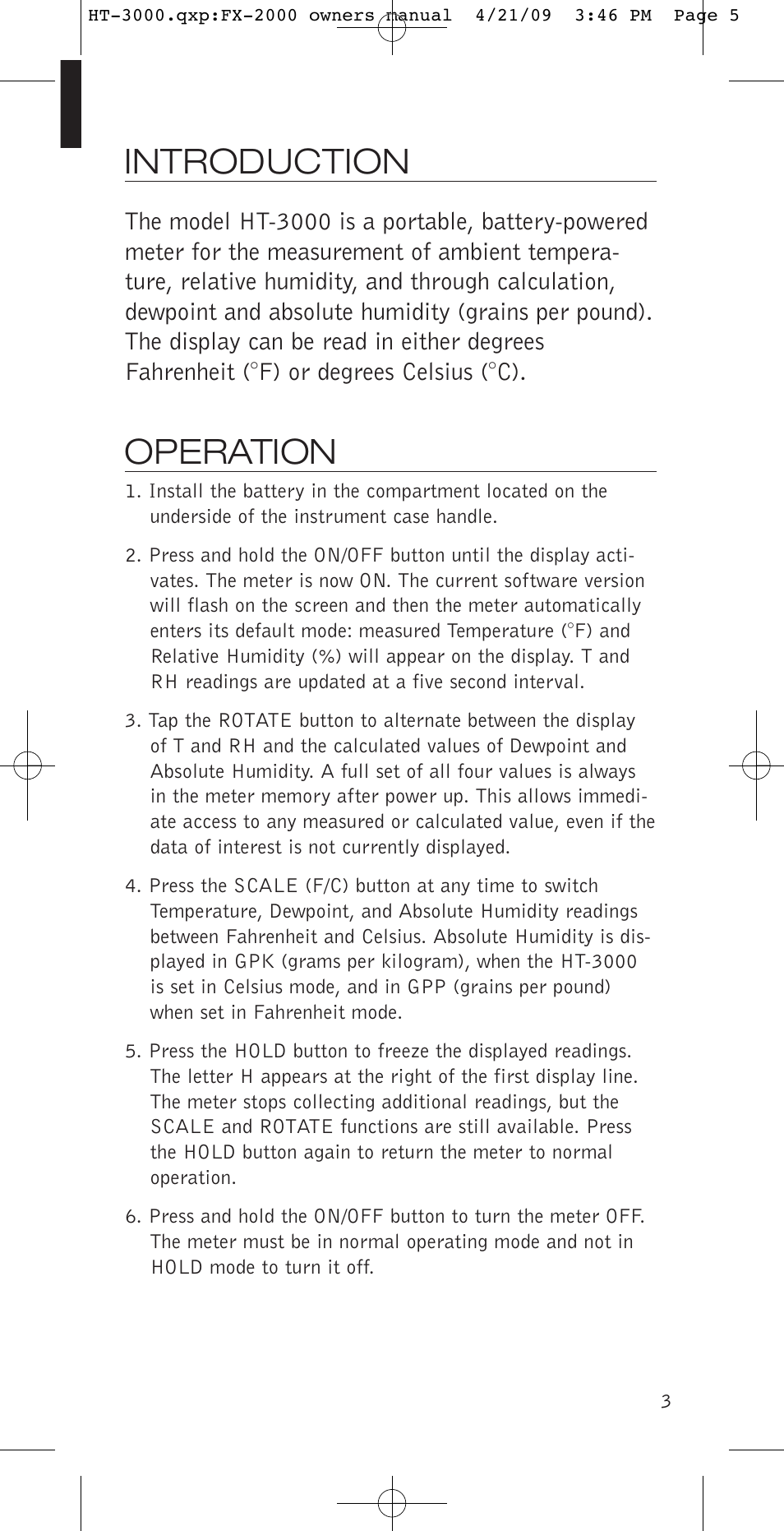 Introduction, Operation | Delmhorst Instrument HT-3000 User Manual | Page 4 / 10