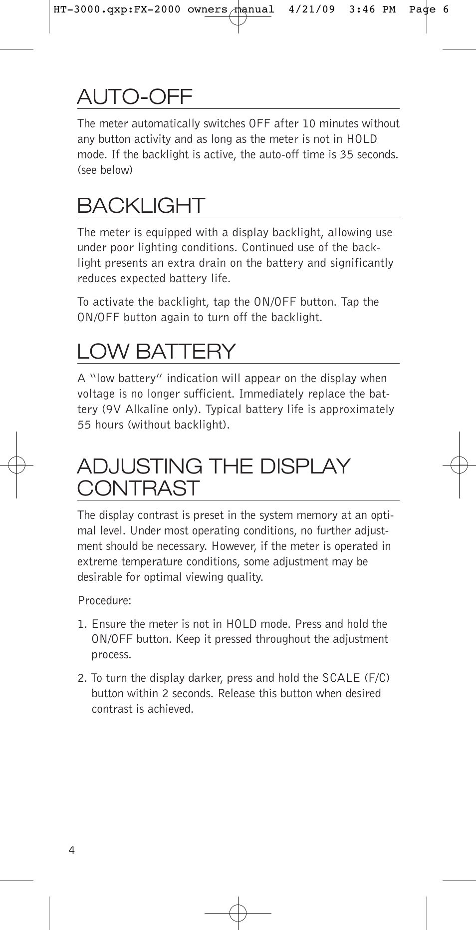 Auto-off, Backlight, Low battery | Adjusting the display contrast | Delmhorst Instrument HT-3000 User Manual | Page 5 / 10