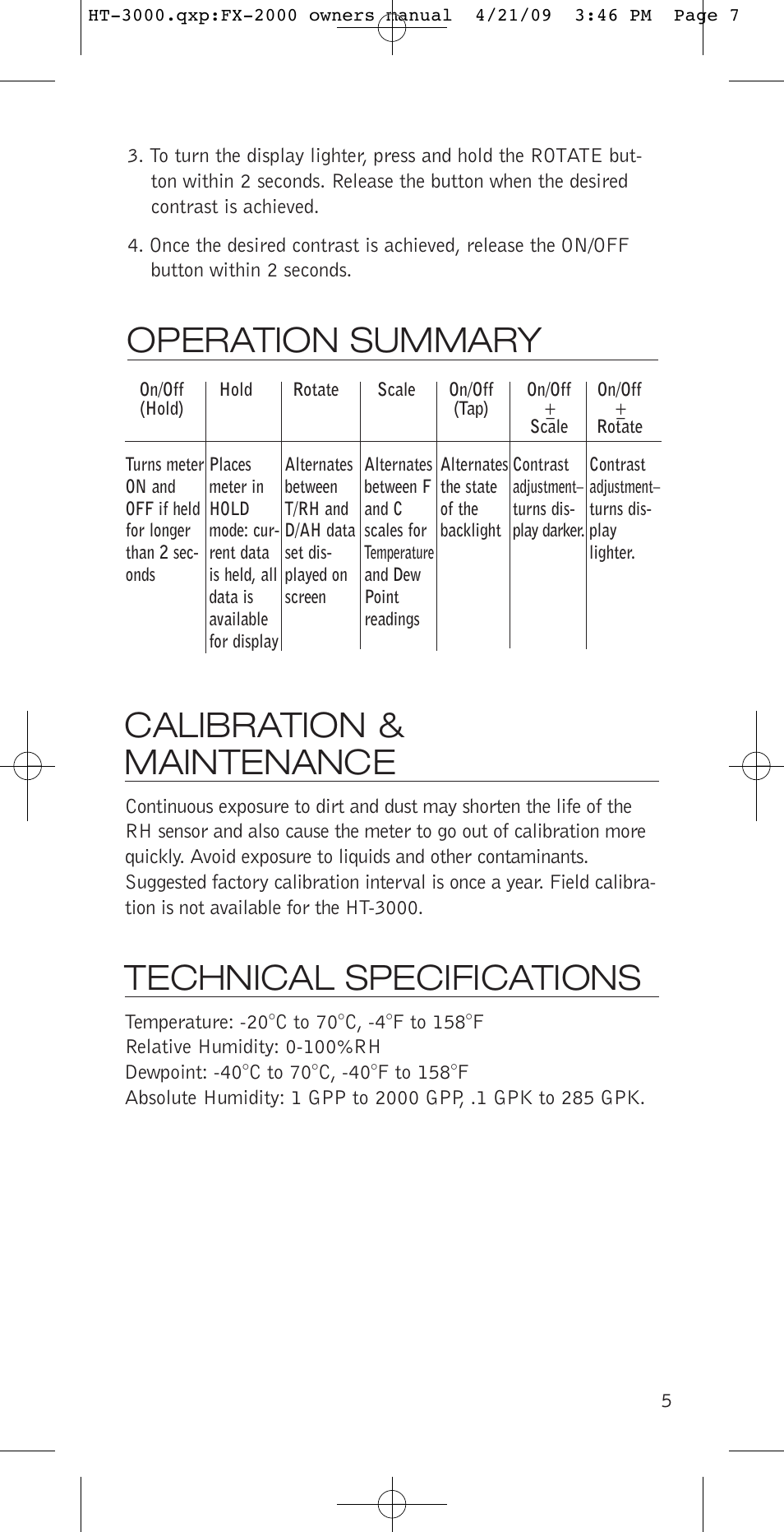 Operation summary, Calibration & maintenance, Technical specifications | Delmhorst Instrument HT-3000 User Manual | Page 6 / 10