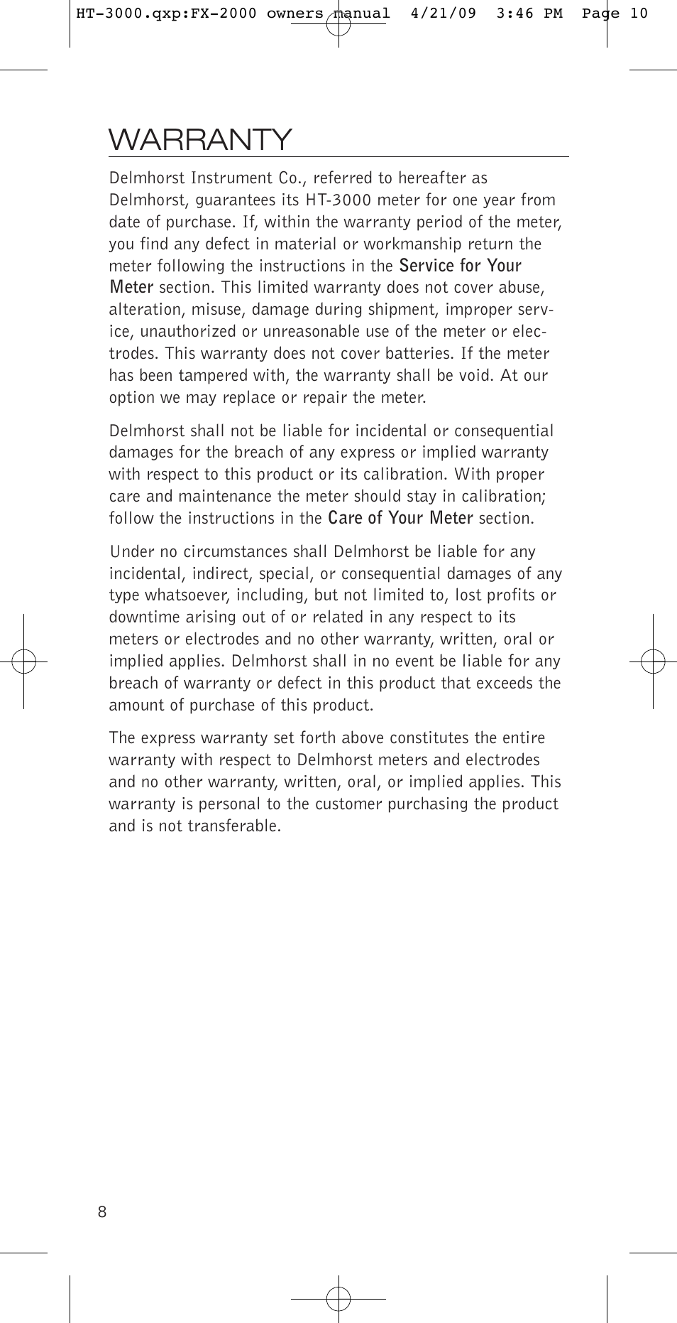 Warranty | Delmhorst Instrument HT-3000 User Manual | Page 9 / 10