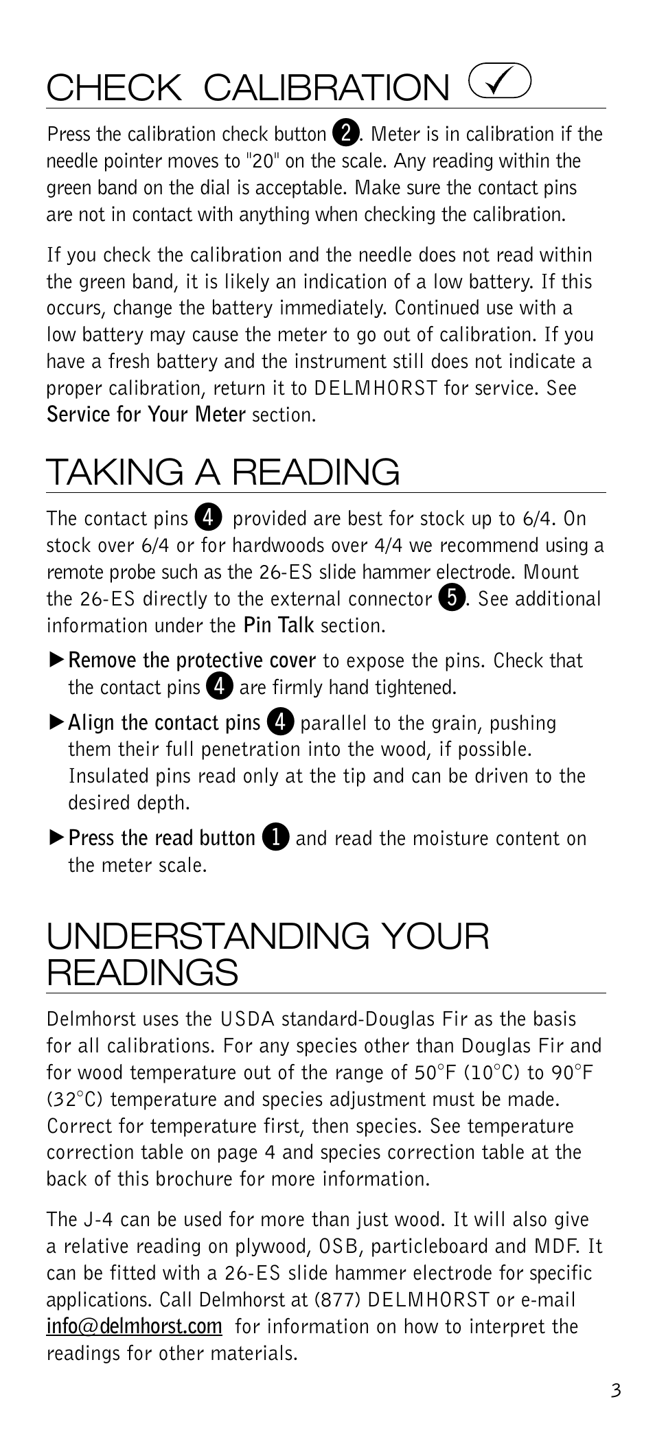 Check calibration, Taking a reading, Understanding your readings | Delmhorst Instrument J-4 User Manual | Page 4 / 9