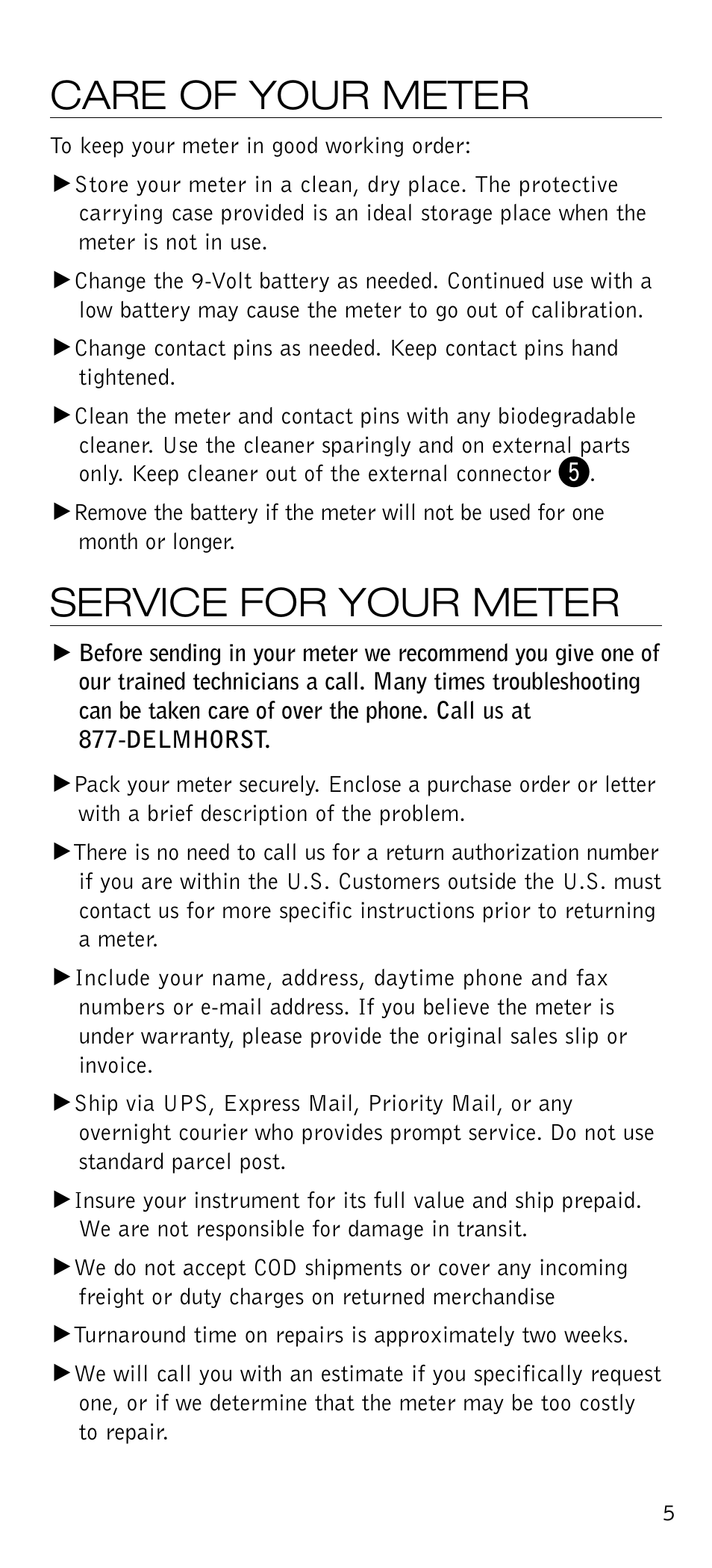 Care of your meter, Service for your meter | Delmhorst Instrument J-4 User Manual | Page 6 / 9