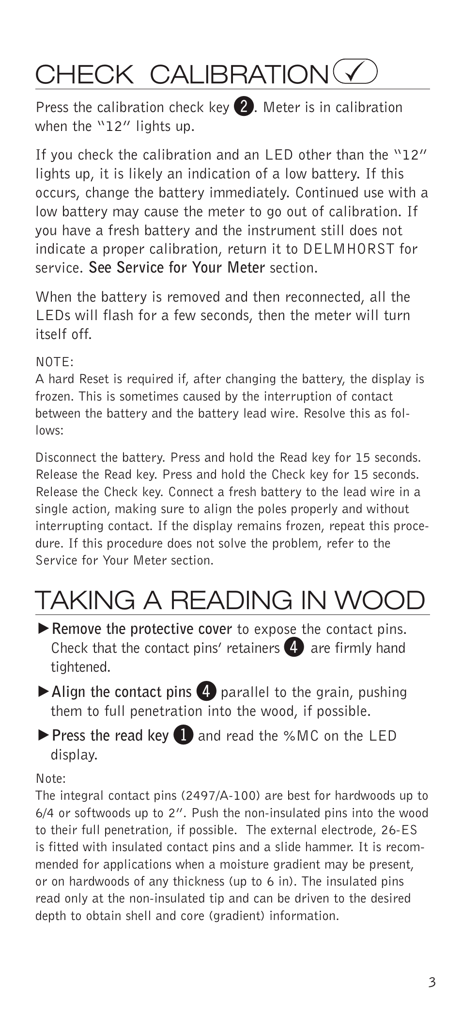 Check calibration, Taking a reading in wood | Delmhorst Instrument J-LITE User Manual | Page 6 / 11